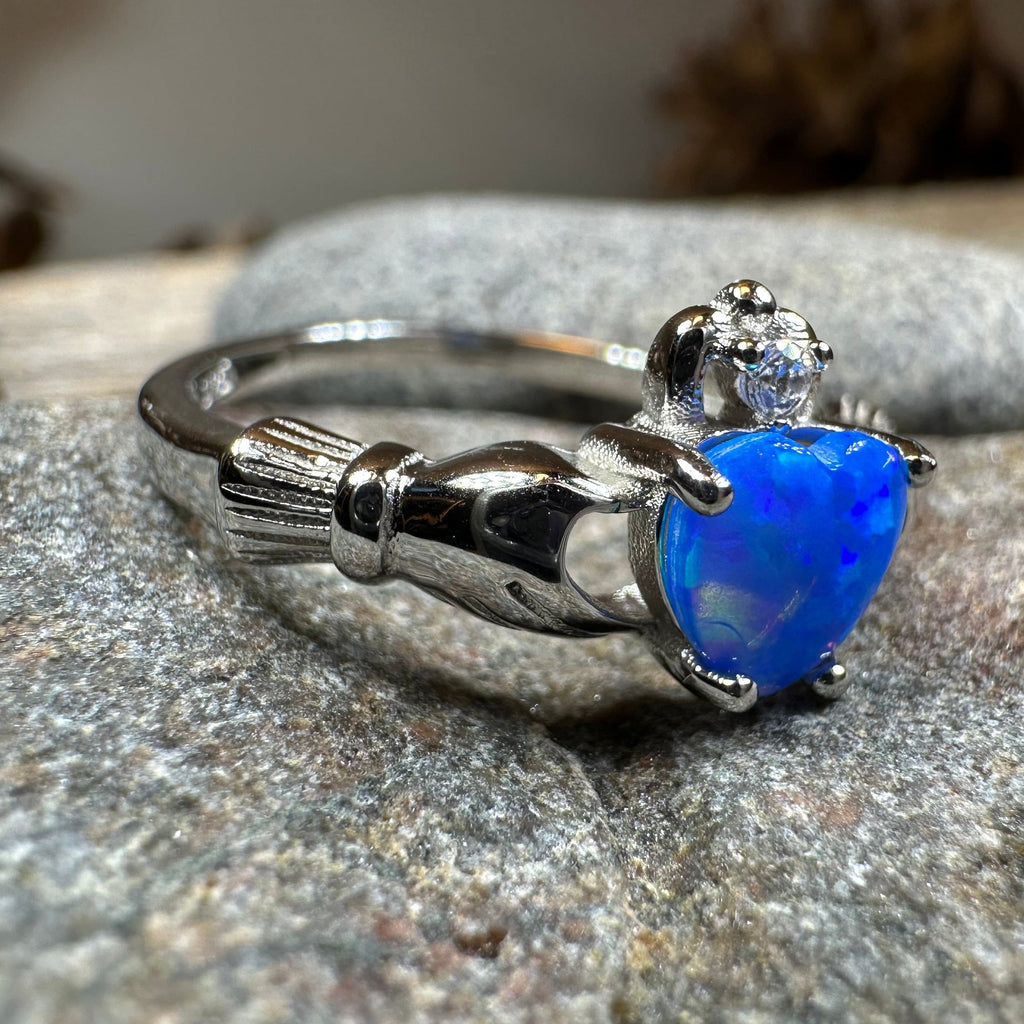 Ocean Blue Opal Claddagh Ring