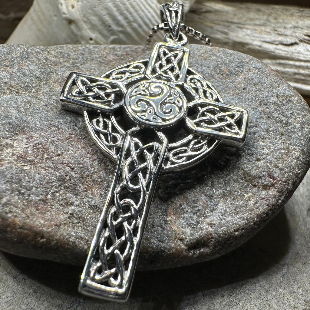 Aileran Triskele Celtic Cross Necklace in Sterling Silver