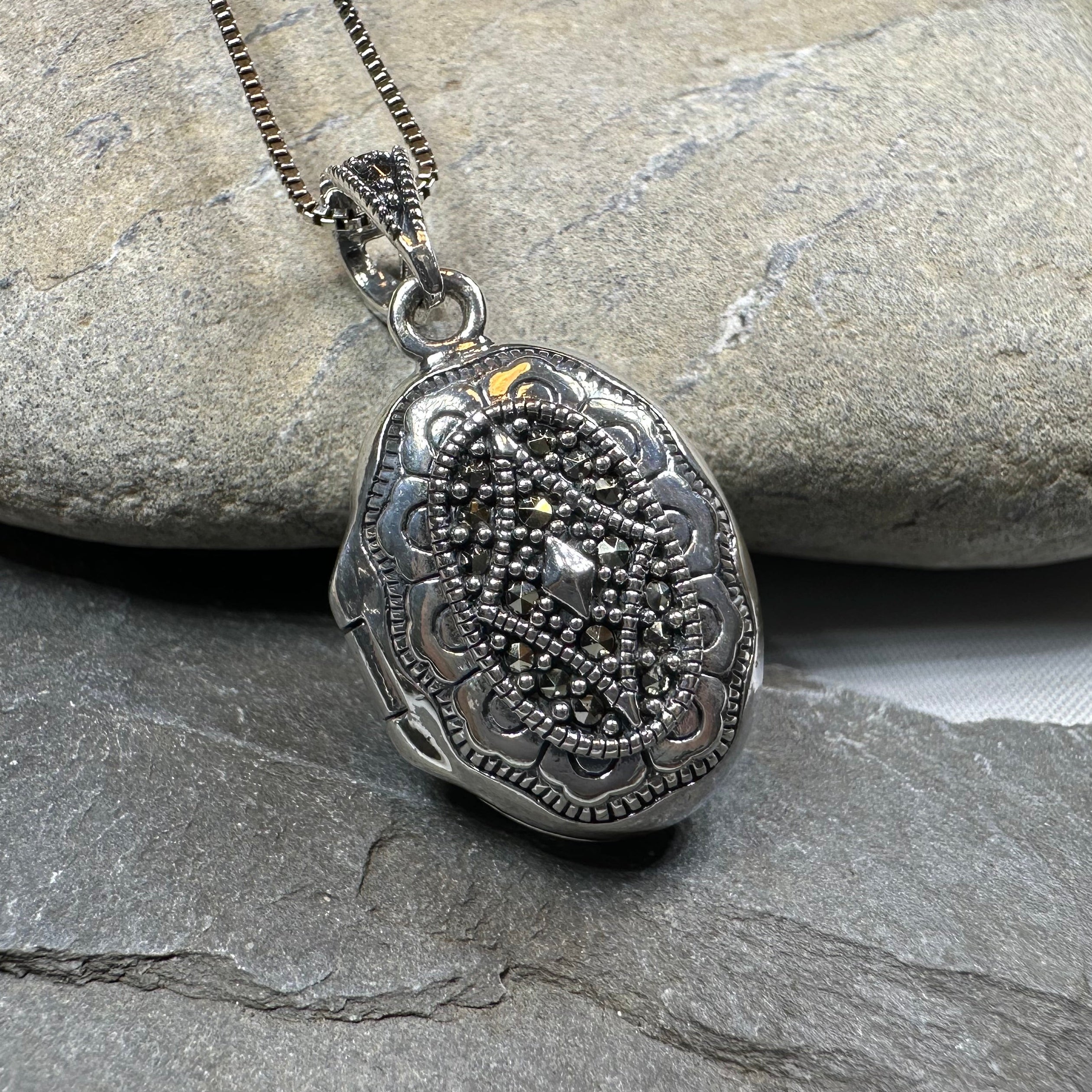Florent Classic Oval Marcasite Locket Necklace