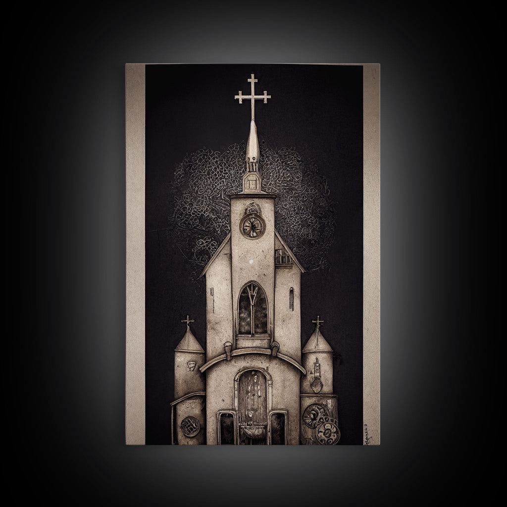 Gothic Church, Framed Canvas Print, Ready To Hang Framed Wall Art, Living Room Decor