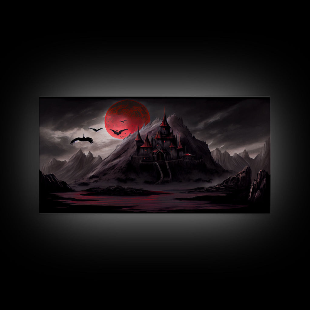 Horror Art, Haunted Castle and Blood Moon, Framed Canvas Print, Goth Art, Gothic Decor, Cool Wall Art