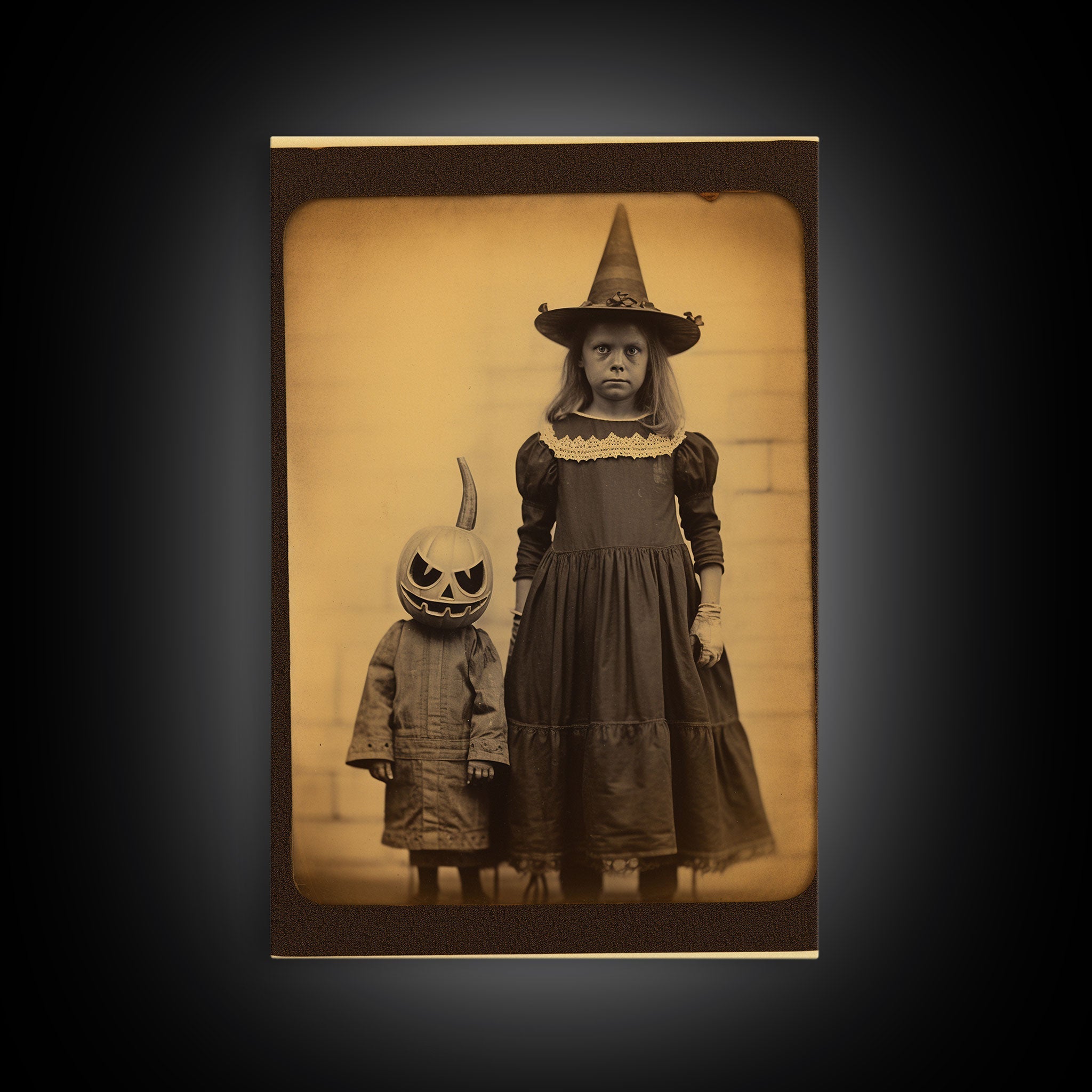 Cursed Art, Little Witch and Her Jack O' Lantern Familiar, Victorian Tintype Spooky Art, Halloween Decor, Halloween Canvas Print