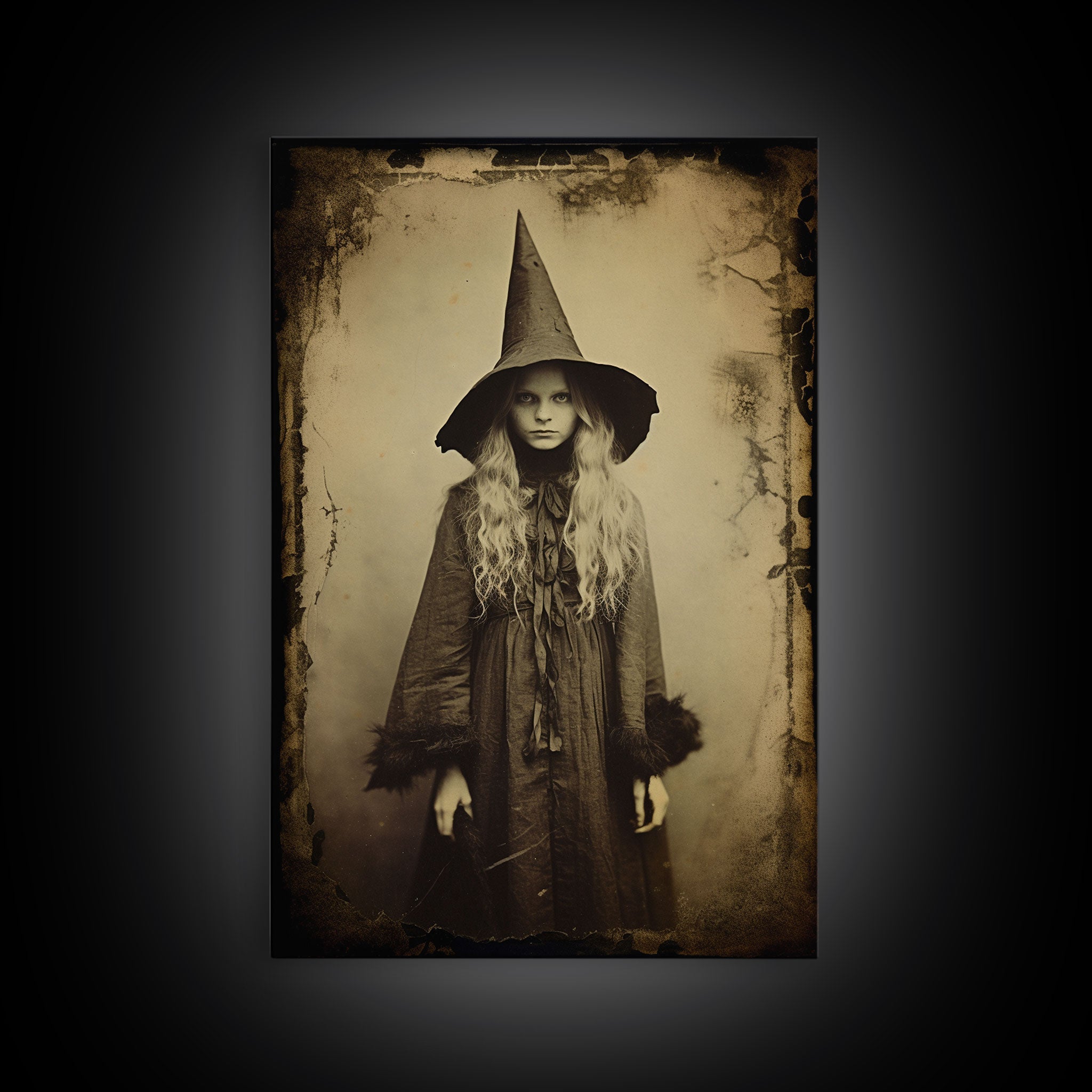 A Victorian Witch, Spooky Victorian Witch Photography Daguerreotype, Tin Type, Framed Canvas Print, Victorian Witches, Halloween Decor