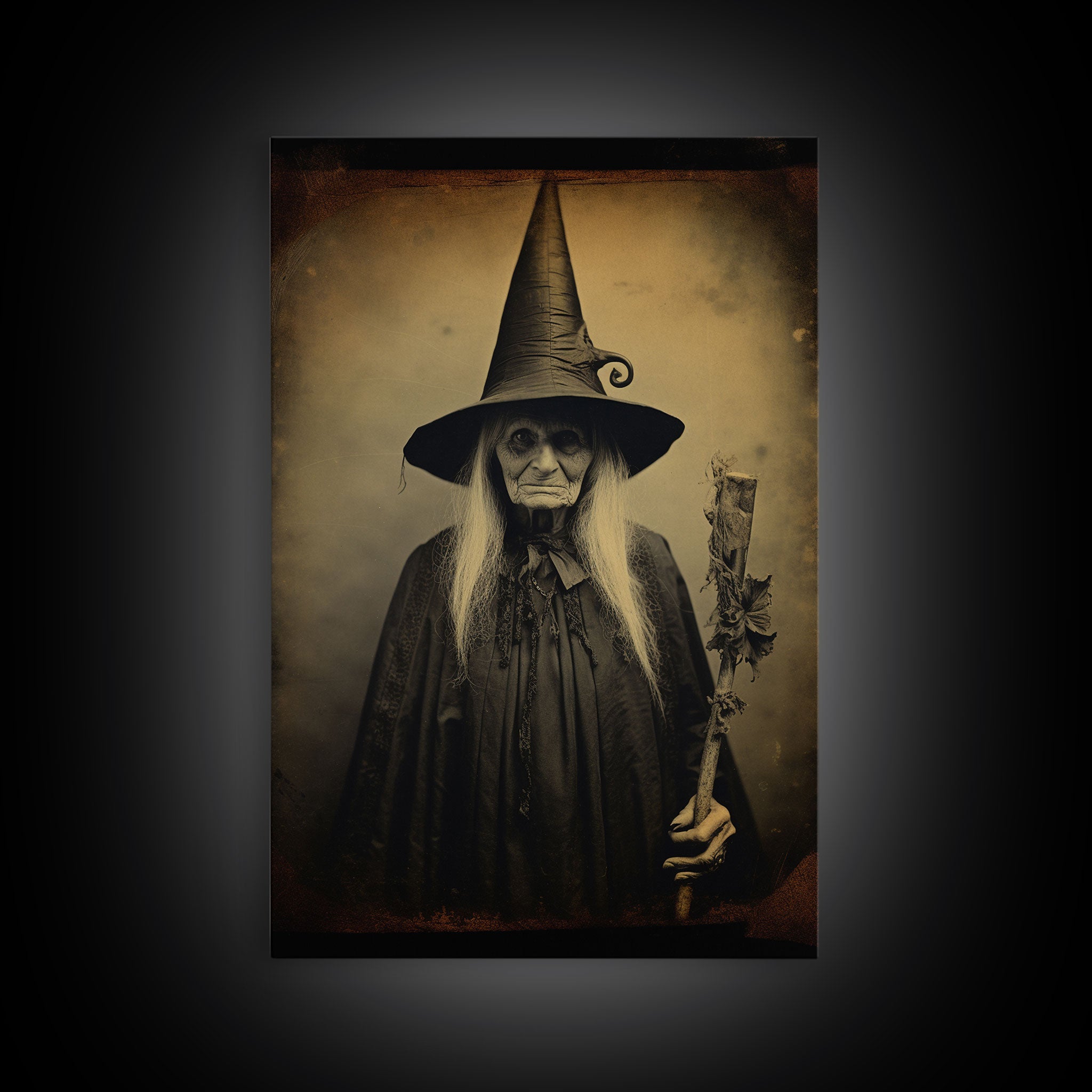 The Old Witch Portrait, Witchy Art, Portrait of a Victorian Witch, Daguerreotype, Framed Canvas Print, Halloween Wall Art, Halloween Canvas
