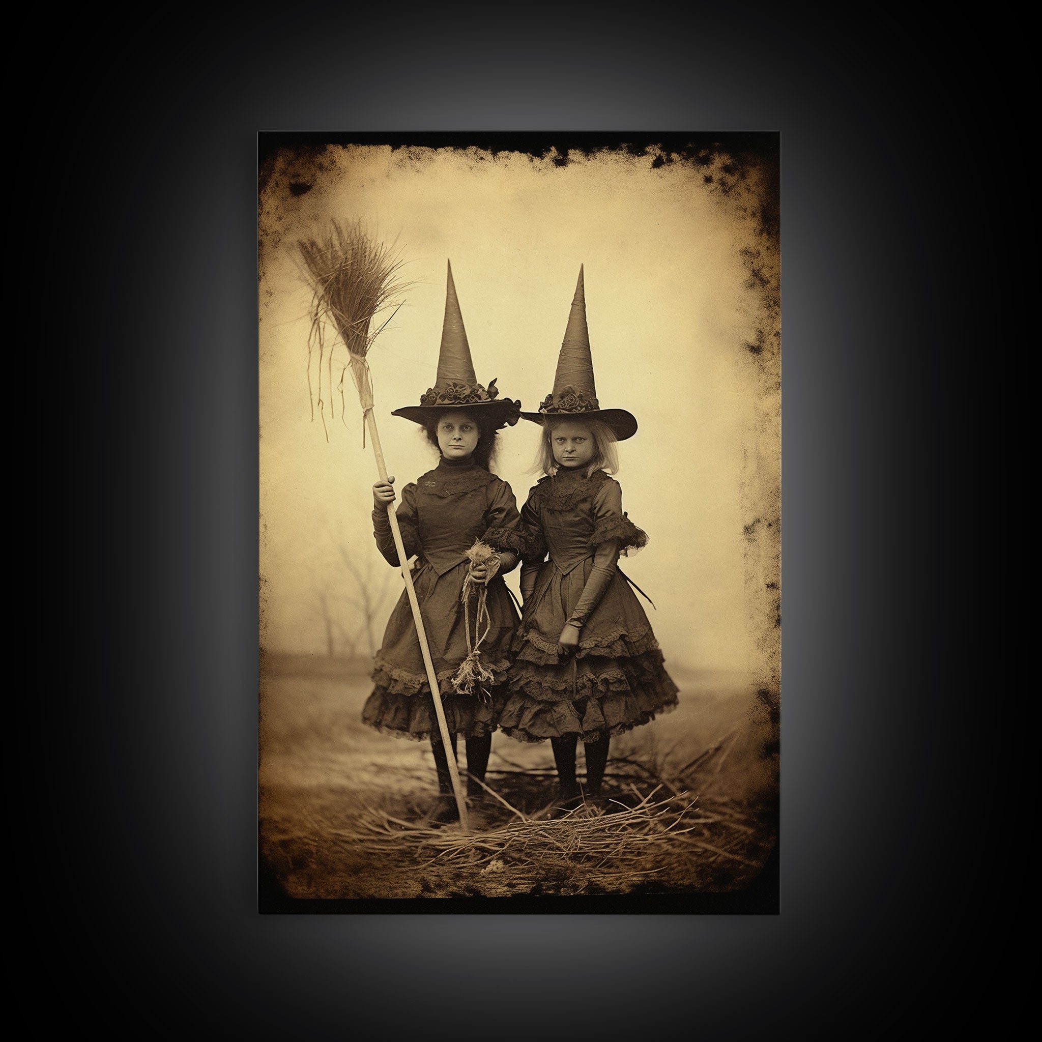 Little Witches Portrait, Witchy Art, Portrait of a Victorian Witch, Daguerreotype, Framed Canvas Print, Halloween Wall Art, Halloween Canvas