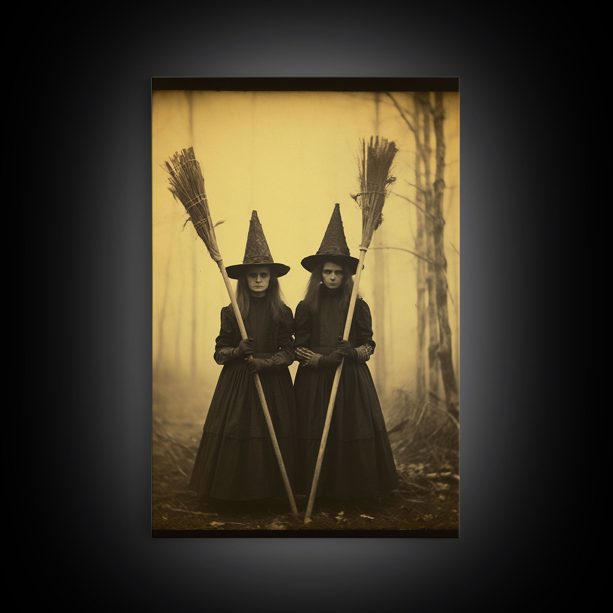 Cursed Art, Victorian Witches Daguerreotype, Framed Canvas Print, Vintage Tin Type Photography Style Wall Art, Cool Halloween Decor