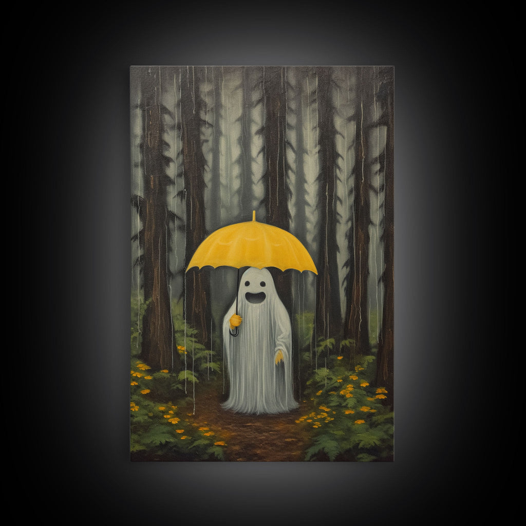 Happy Ghost In The Rain,  Vintage Halloween Canvas, Framed Canvas Print, Cute Wall Art, Who's Haunting Who?