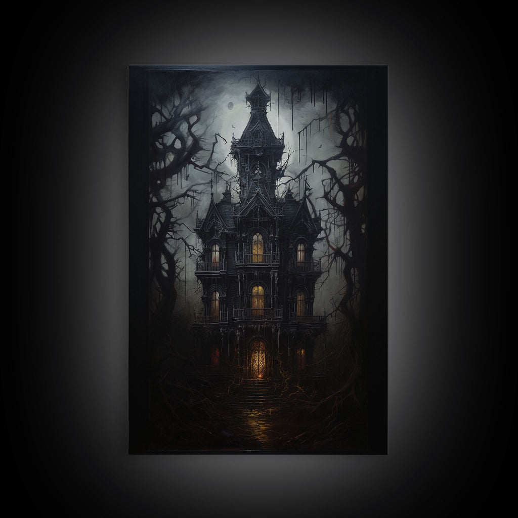 The Haunted House, Framed Canvas Art, Painting Of Haunted Victorian Mansion, Dark Academia, Halloween Decorations, Halloween Art