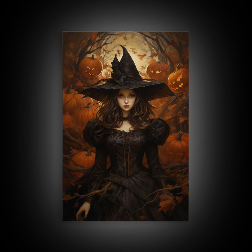 Beautiful Gothic Witch Art, Framed Halloween Canvas, Canvas Print, Spooky Halloween Wall Art, Halloween Deco, Witchy Art Pumpkin Patch Witch