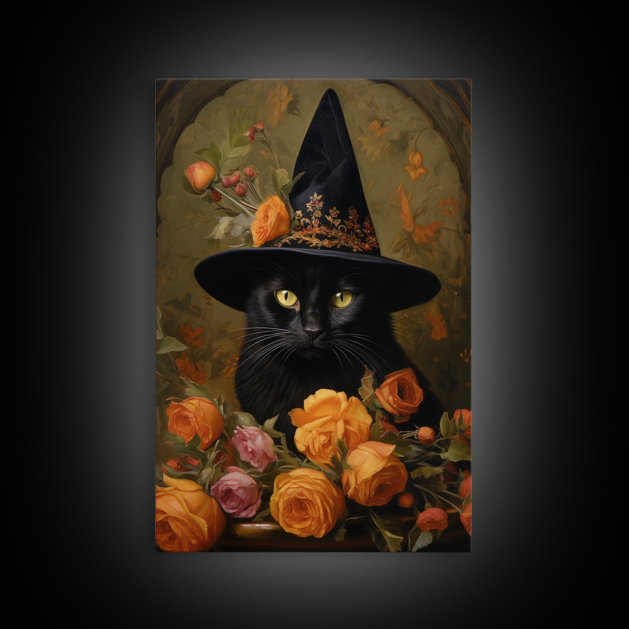 Cute Witch's Familiar Cat Halloween Art, Cat Witch, Cat Painting, Cute Cat Print, Halloween Decor, Black Cat Print, Framed Canvas / Canvas