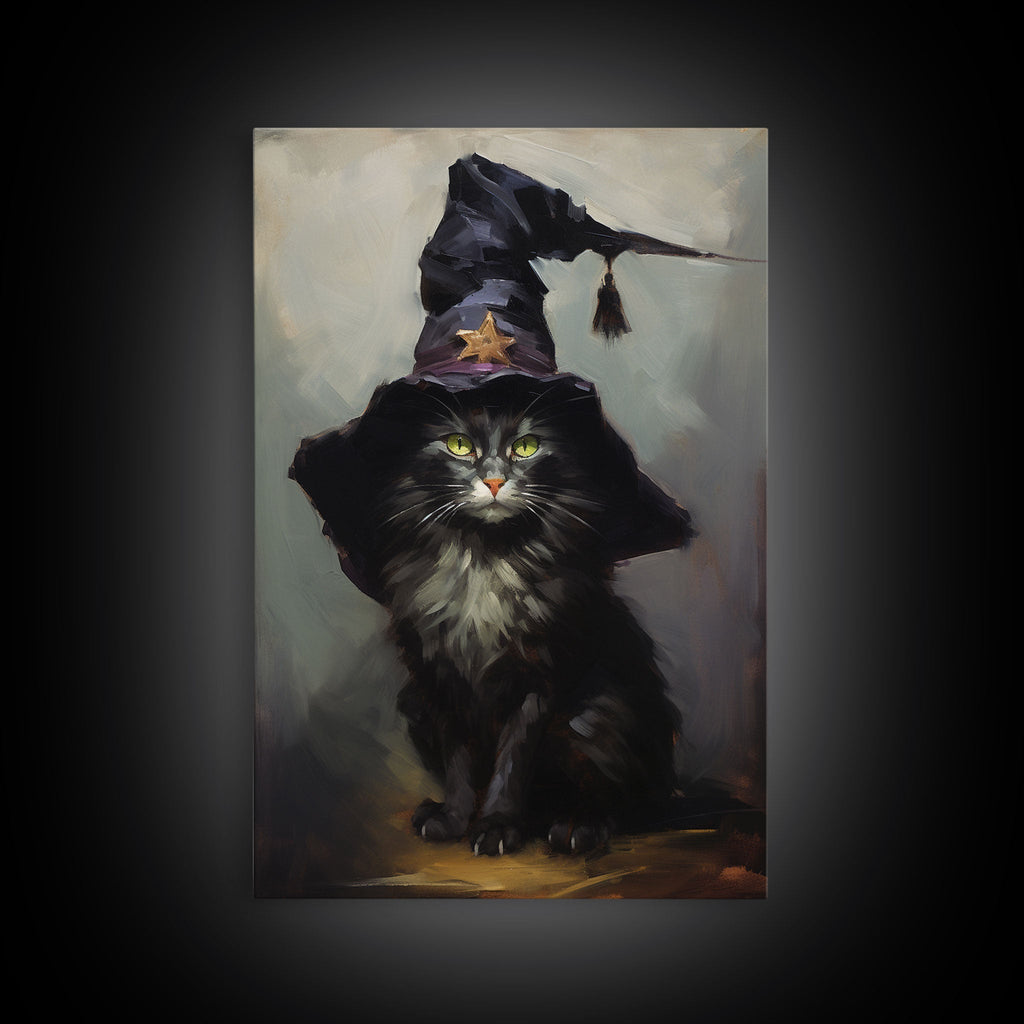 The Wizard Cat, Framed Canvas Print, Dark Academia Halloween Art, Victorian Cat Oil Painting, Goth Halloween Decor