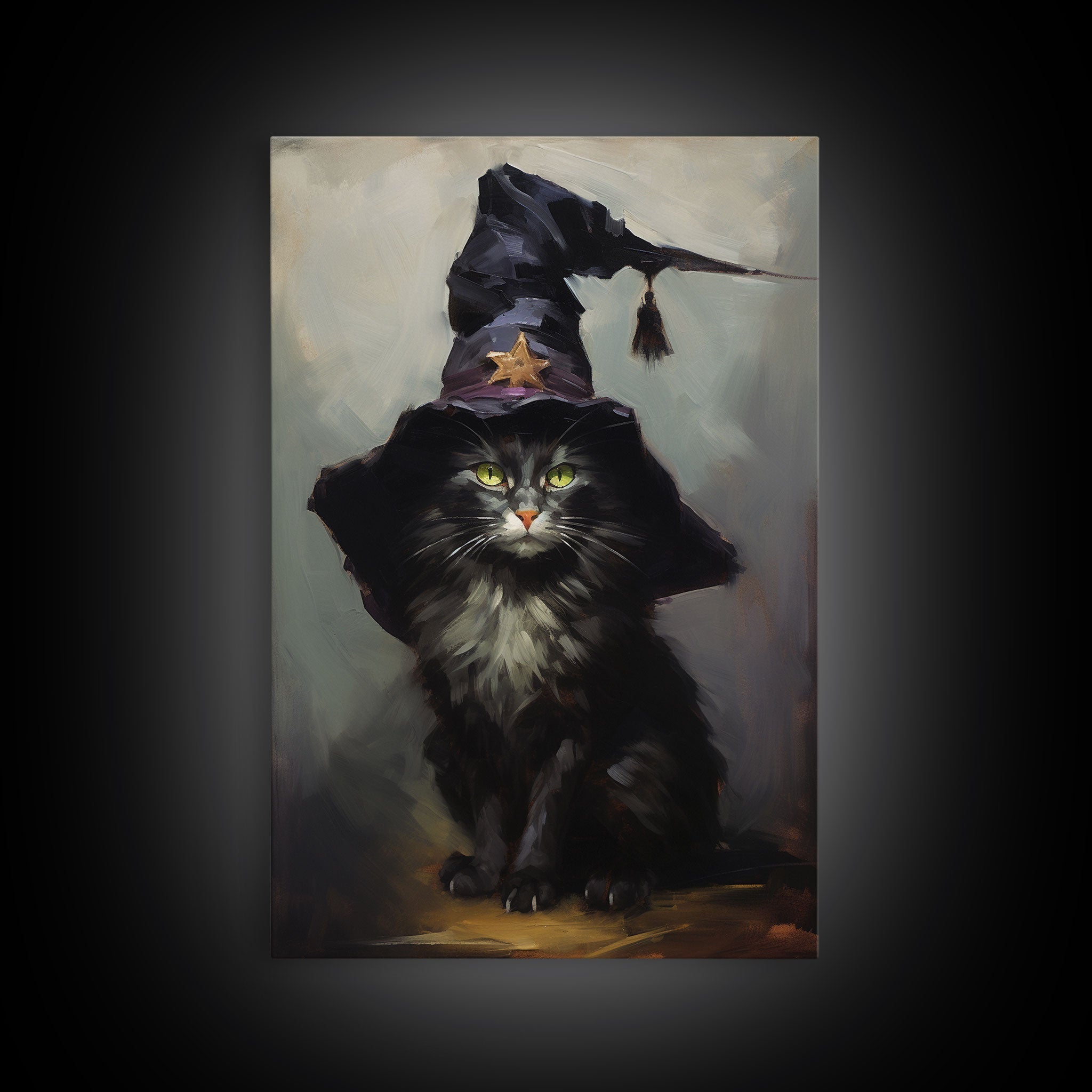 The Wizard Cat, Framed Canvas Print, Dark Academia Halloween Art, Victorian Cat Oil Painting, Goth Halloween Decor