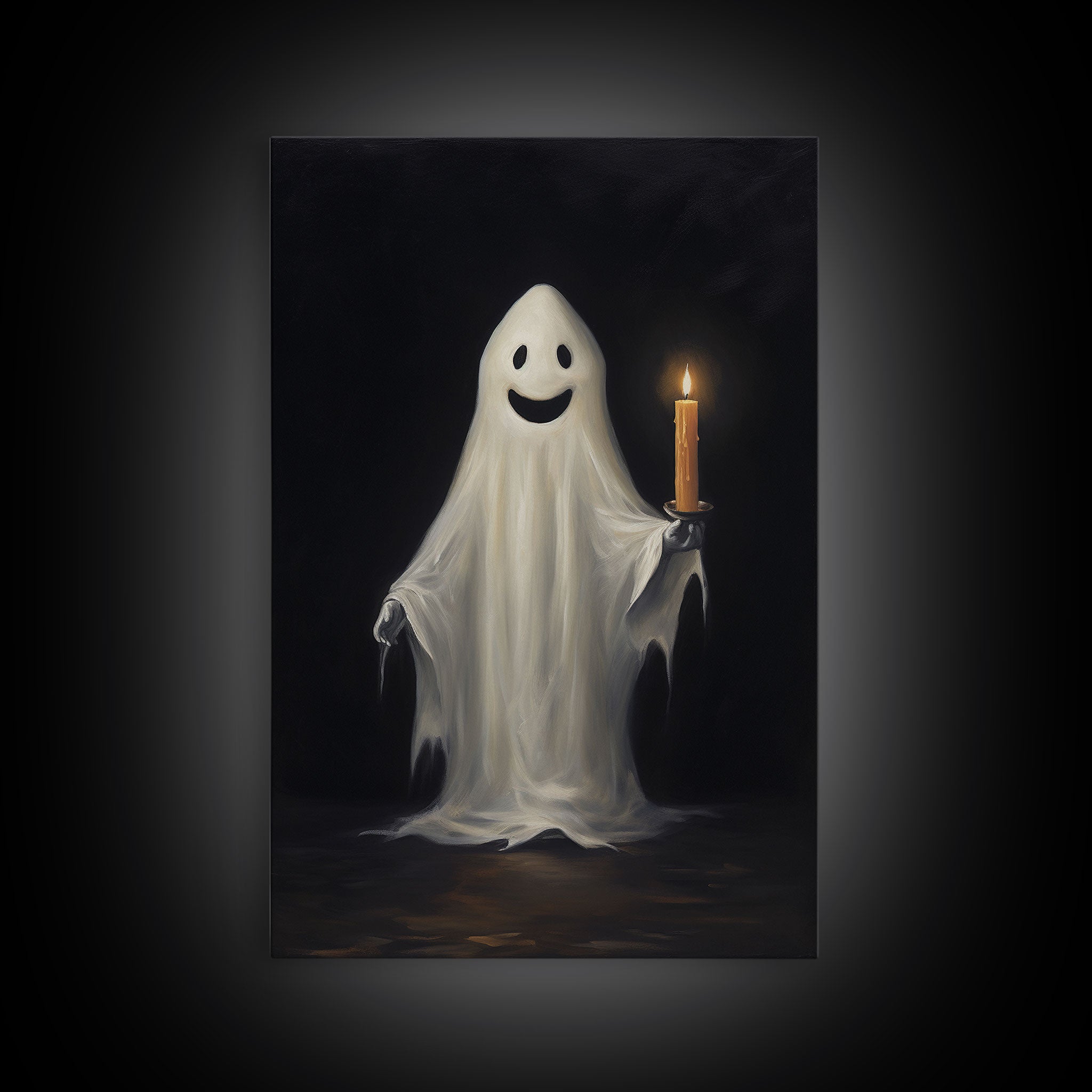 Silly Halloween Ghost Holding a Candle, Vintage Canvas Print, Canvas Art, Dark Academia, Haunting Ghost, Halloween Decor, Halloween Art