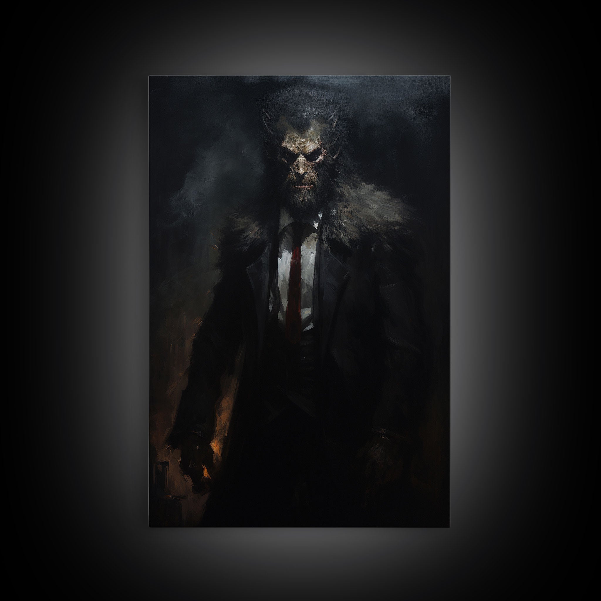 Victorian Business Werewolf Workin' 9 to 5, Framed Canvas, Halloween Canvas Print, Vintage Halloween Funny Gothic Decor