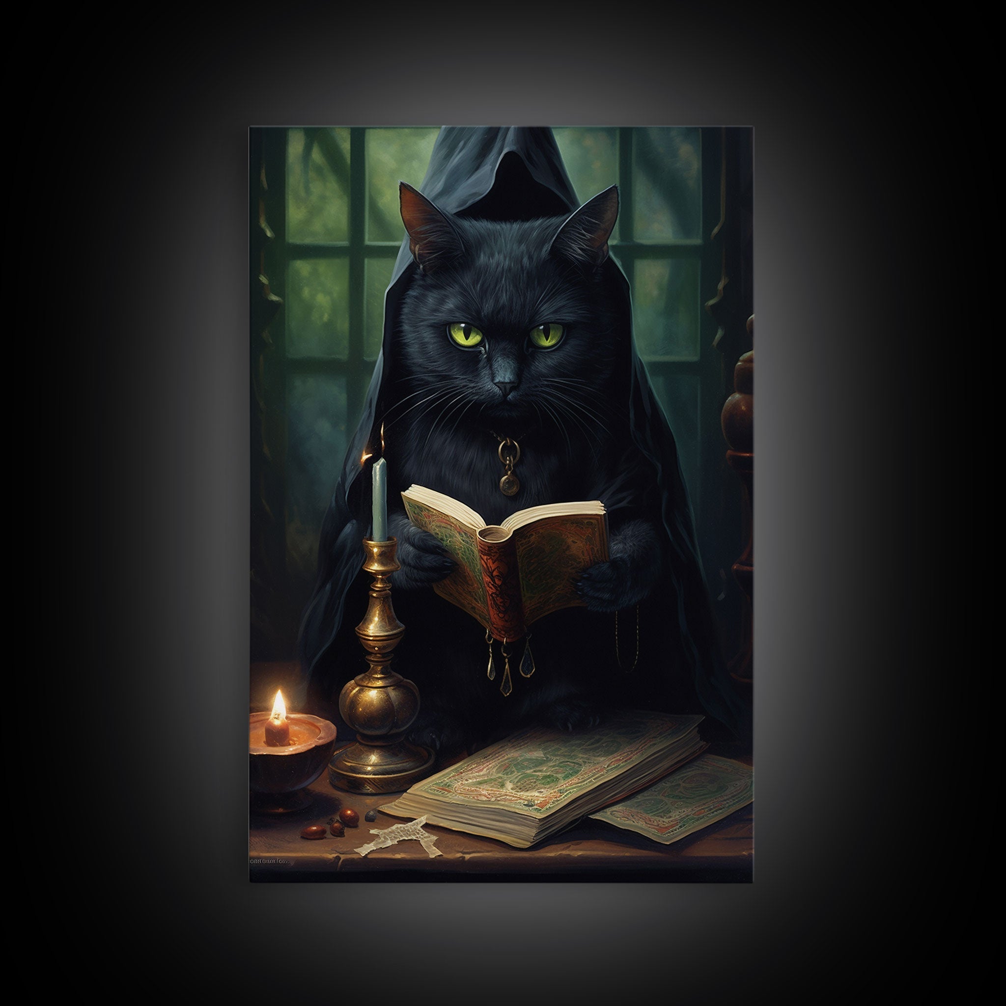 Black Cat Witch's Familiar Casting Spells, Spellbook, Framed Canvas Print, Vintage Halloween Decor, Halloween Wall Art, Witch Wall Art