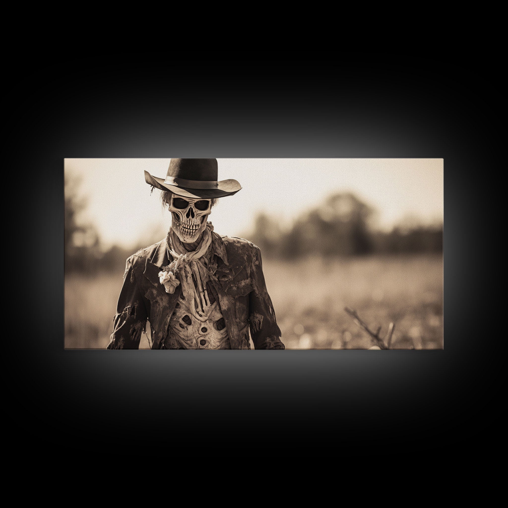 Wild West Zombie Cowboy, Creepy Halloween Decor, Framed Canvas Print, Vintage Tintype Photo Art, Halloween Art Print
