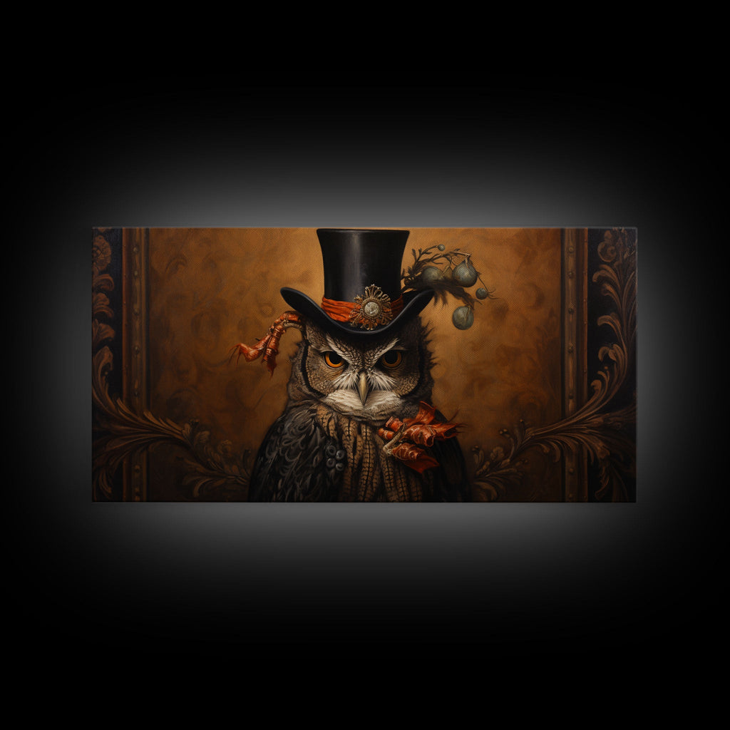 Gothic Victorian Owl Portrait, Framed Canvas Print, Halloween Wall Art, Unique Wall Decor, Owl Painting