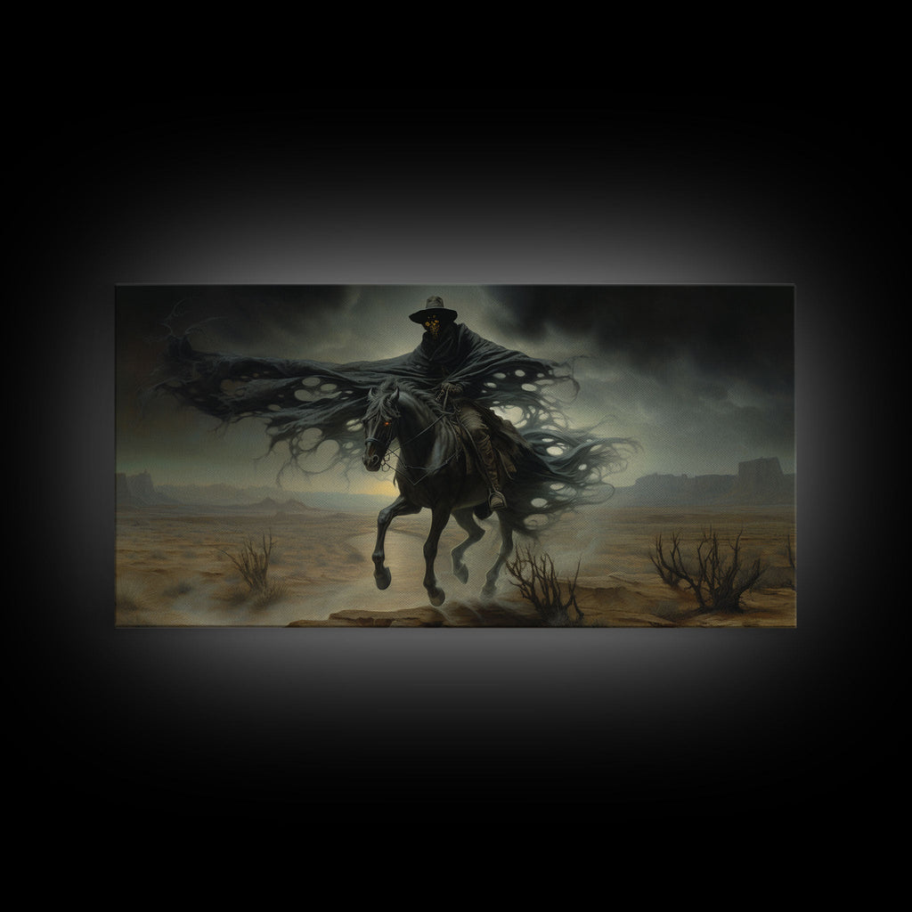 Ghost Cowboy Art, Framed Canvas Print, Halloween art, spooky decor, cowboy art, western decor, grim reaper on a horse in the desert