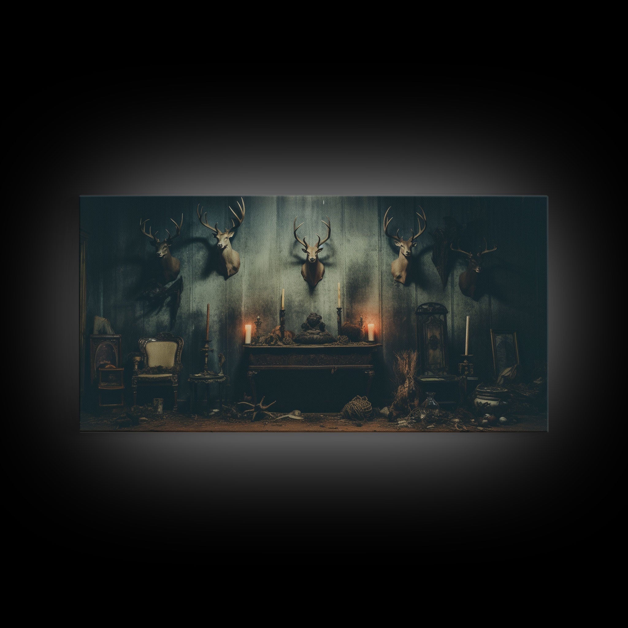 The Hunting Lodge - Framed Canvas Print - Creepy Halloween Decor - Halloween Art - Liminal Art - Found Footage