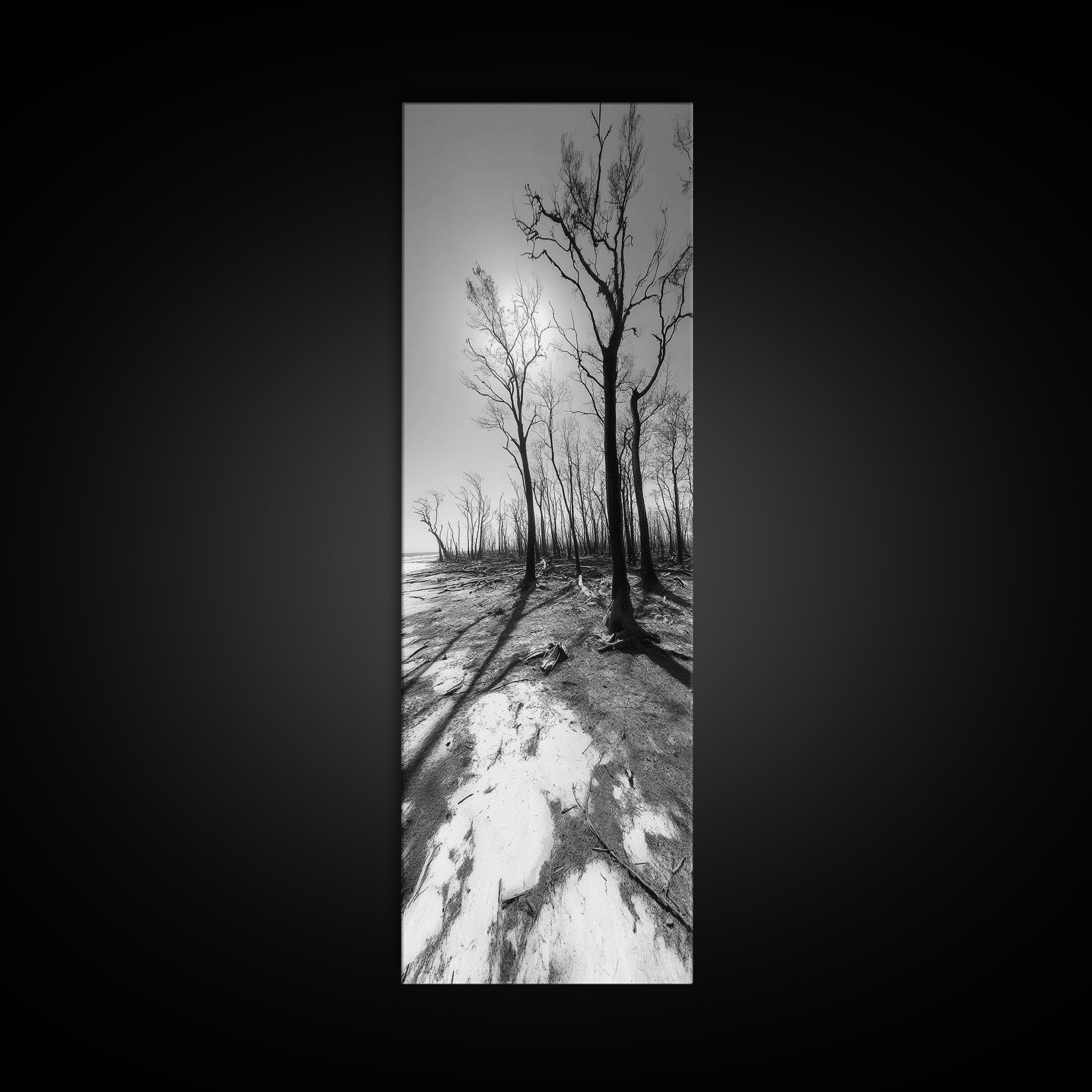 Haunting Tree Silhouettes, Forest Edge, Black White Nature, Desert Trees, Framed Canvas Print, Fall Art, Living Room Wall Art