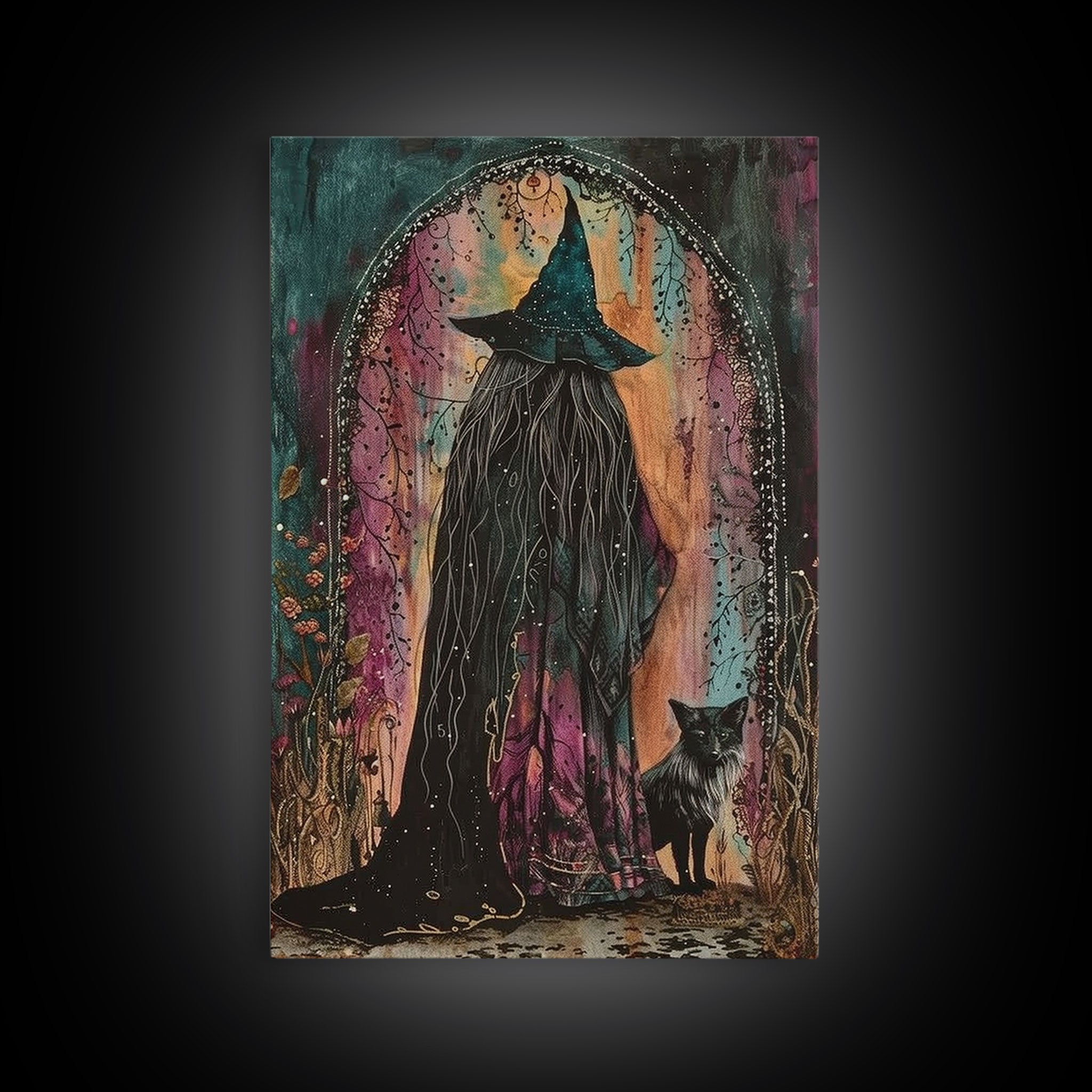 Cottage Core Witch Framed Canvas Print, Springtime Witch, Halloween Art, Halloween Decor, Colorful Halloween Witch Decor Wall Art