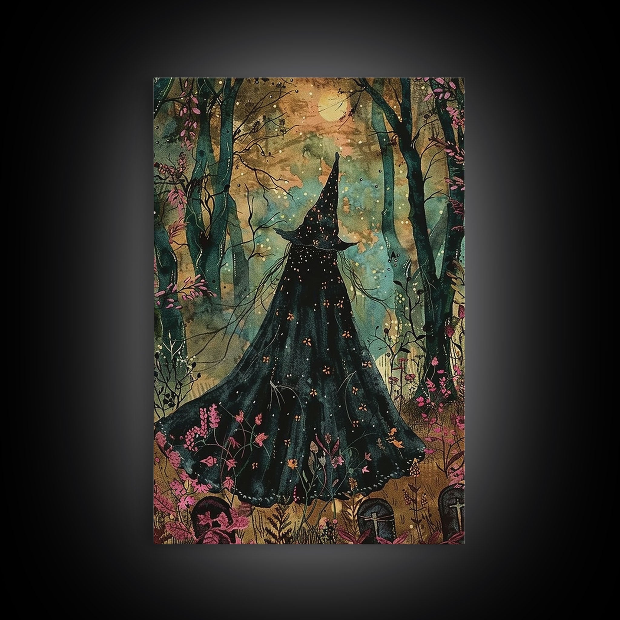 Halloween Witch in Dark Forest, Framed Canvas Print, Wall Art, Living Room Decor, Spooky, Witch Art, Original Painting, Home Decor