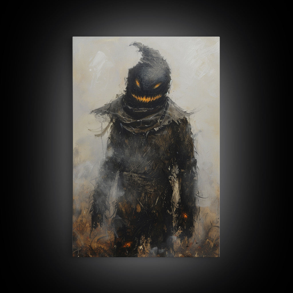 Scarecrow with Glowing Eyes in Dark Field, Framed Canvas Print, Halloween Scarecrow Art, Spooky Farm Decor, Creepy Harvest Illustration