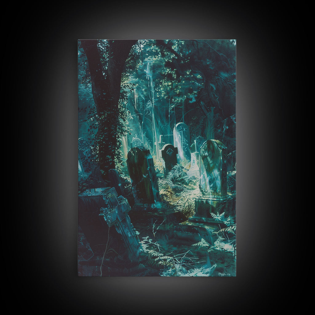 Haunted Graveyard Framed Canvas Print, Halloween Wall Art, Spooky Cemetery, Midnight Shadows, Haunted Forest, Ghostly Vibes, Gothic Decor