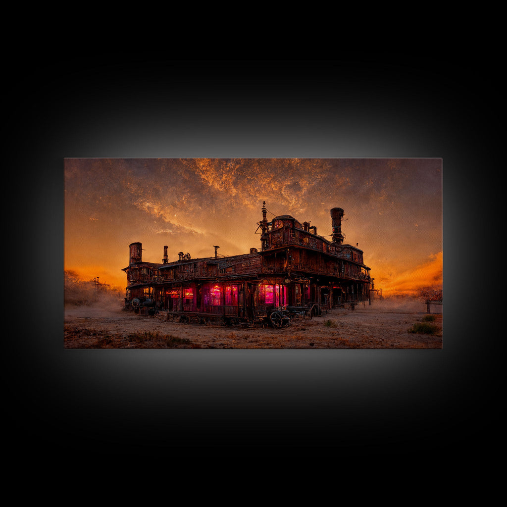 Dystopian steampunk wild west mashup, abandoned wild west saloon art, canvas print, ready to hang wall art
