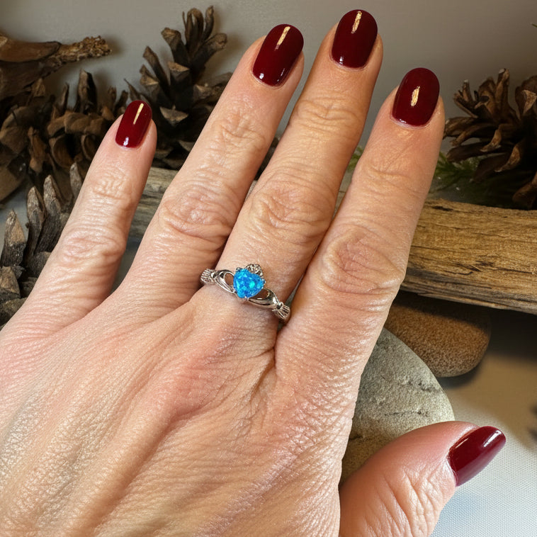 Ocean Blue Opal Claddagh Ring