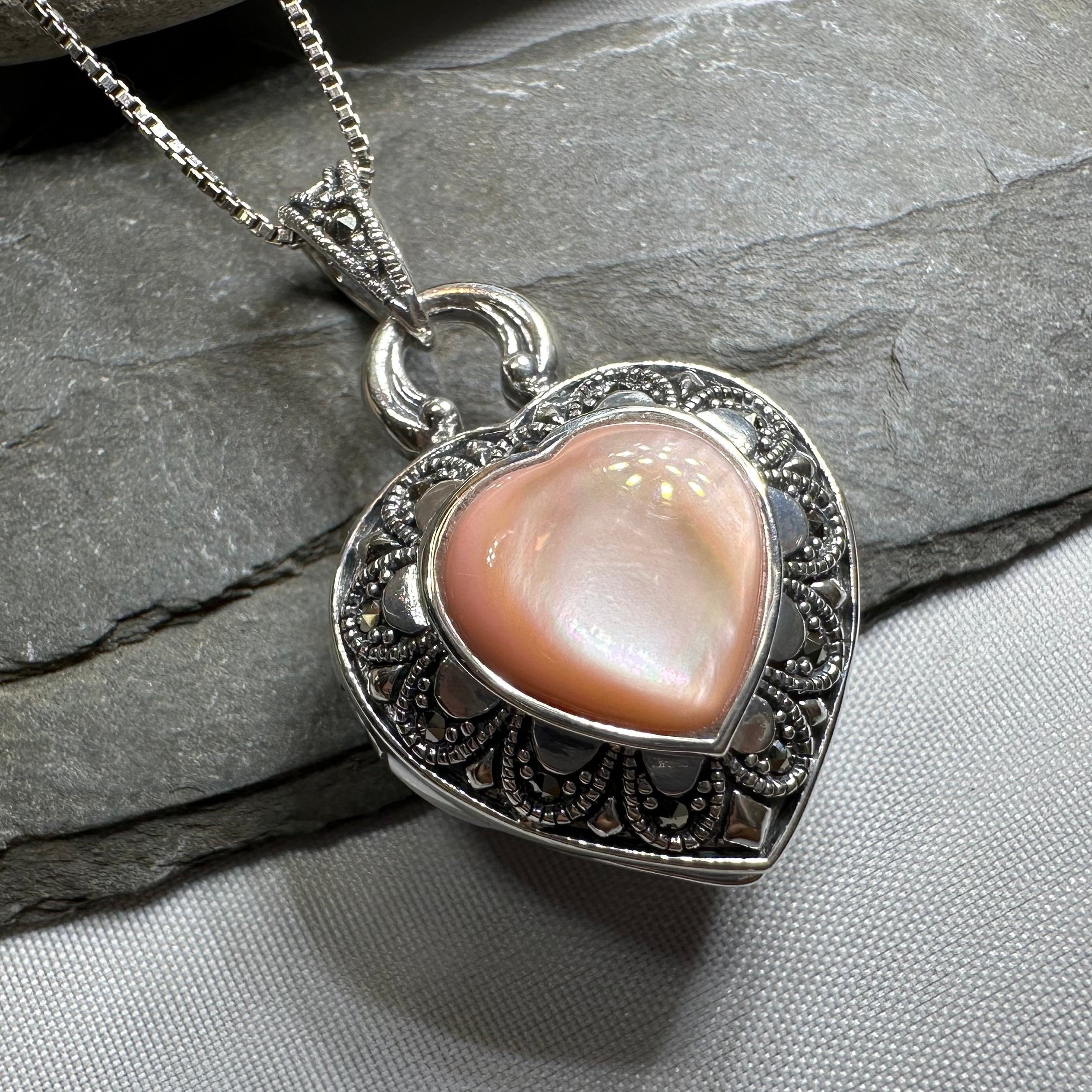 Locket Heart Marcasite Necklace in Sterling Silver