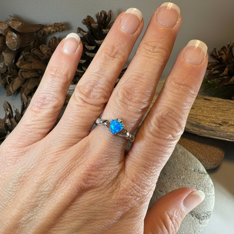 Ocean Blue Opal Claddagh Ring