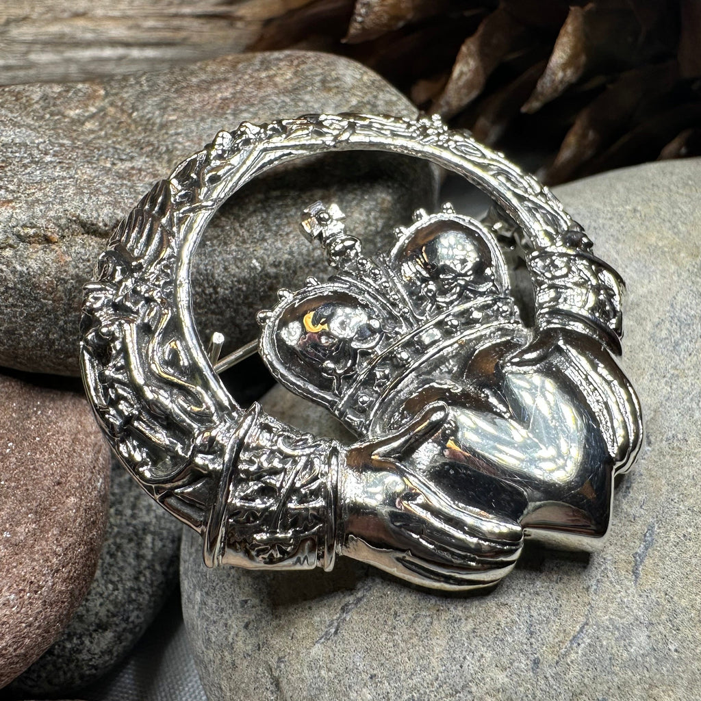 Victorian Irish Claddagh Brooch in Sterling Silver