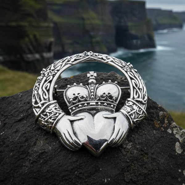 Victorian Irish Claddagh Brooch in Sterling Silver
