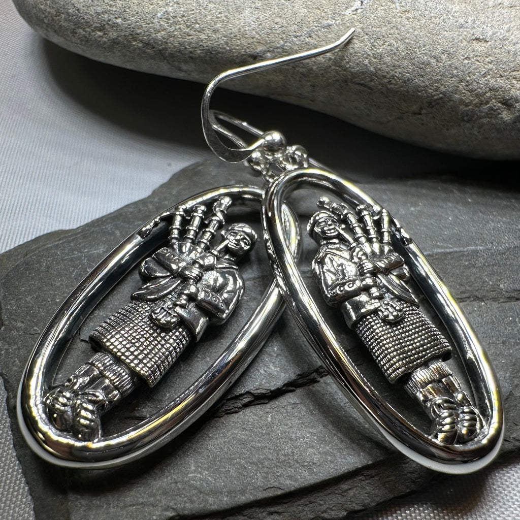 Tartan Bagpiper Earrings in Sterling Silver