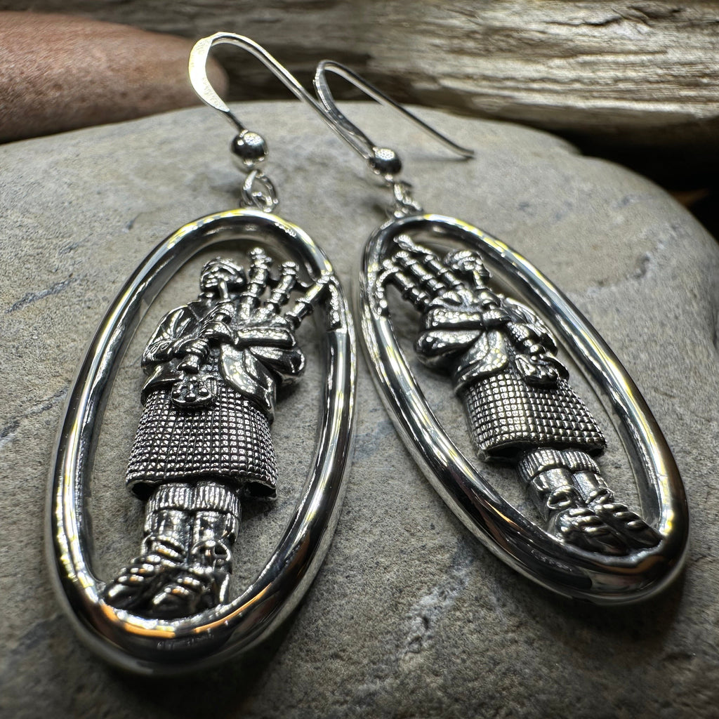 Tartan Bagpiper Earrings in Sterling Silver