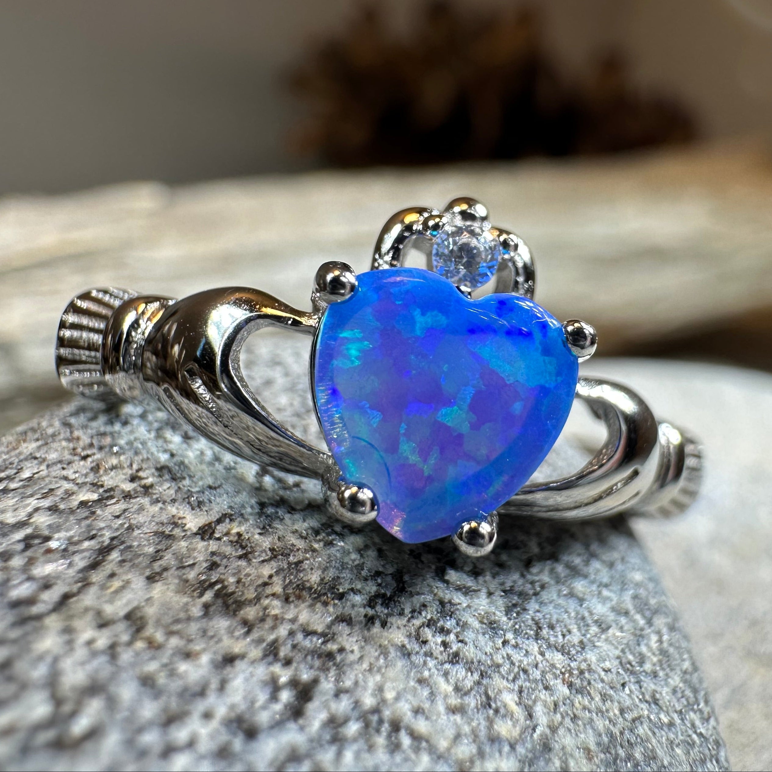 Ocean Blue Opal Claddagh Ring