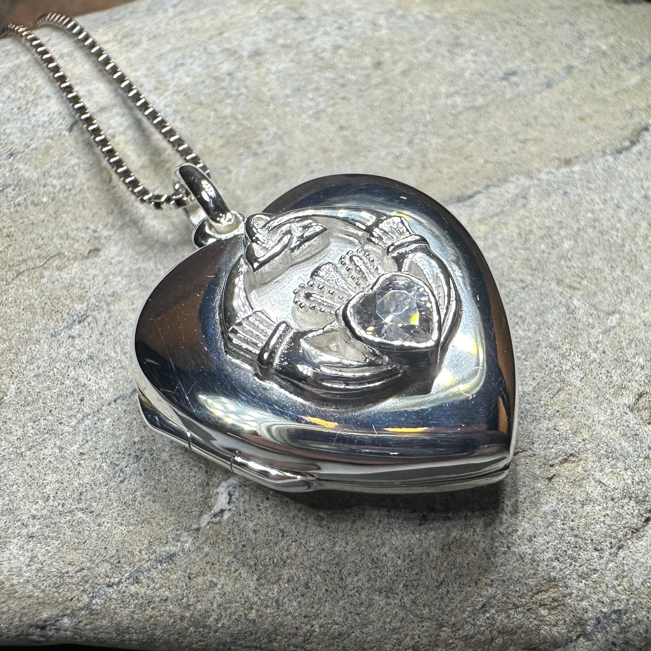 Aoife Irish Claddagh Locket Necklace in Sterling Silver