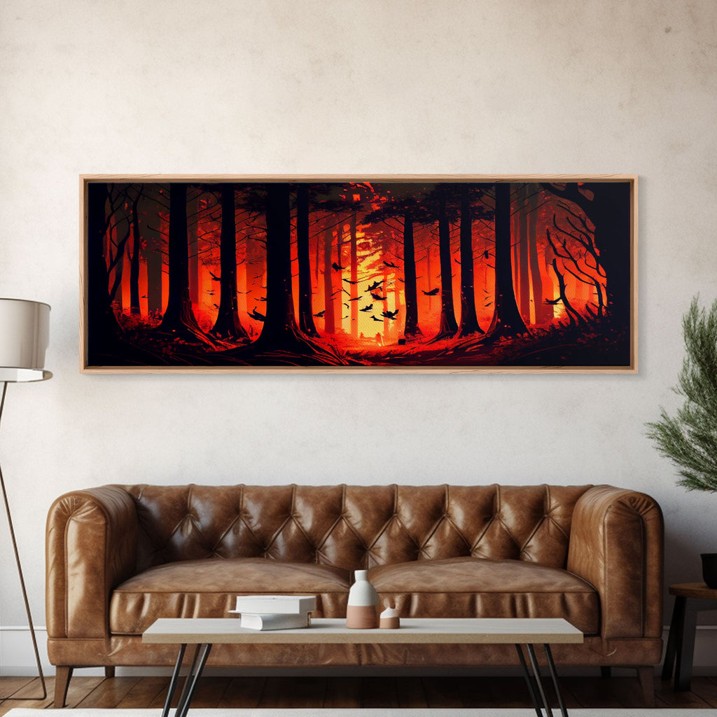 Forest Landscape Art, Forest Fire, Fall / Autumn Decor, Panoramic Wall Art, Framed Canvas Print, Orange and Yellow Fantasy Forest