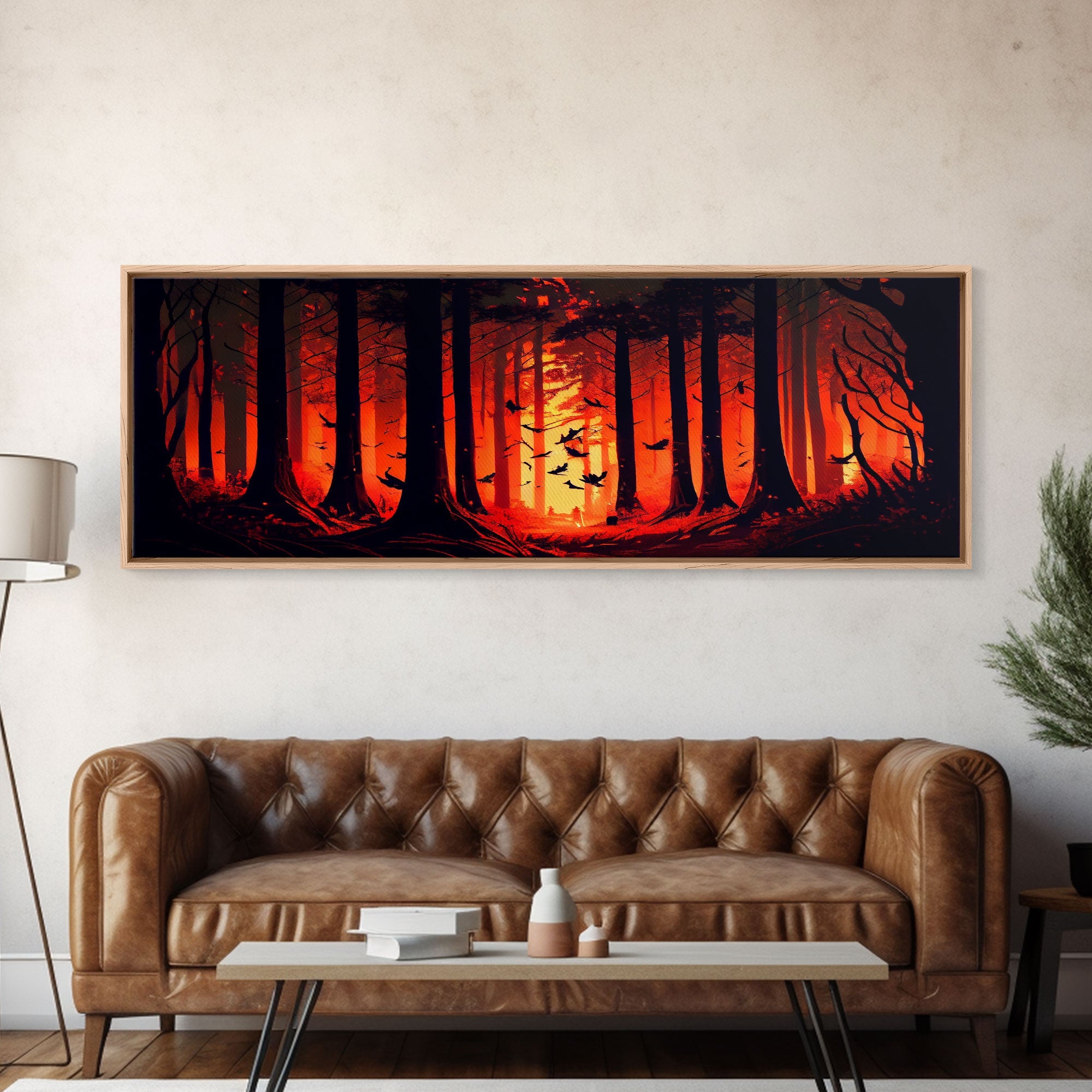 Forest Landscape Art, Forest Fire, Fall / Autumn Decor, Panoramic Wall Art, Framed Canvas Print, Orange and Yellow Fantasy Forest