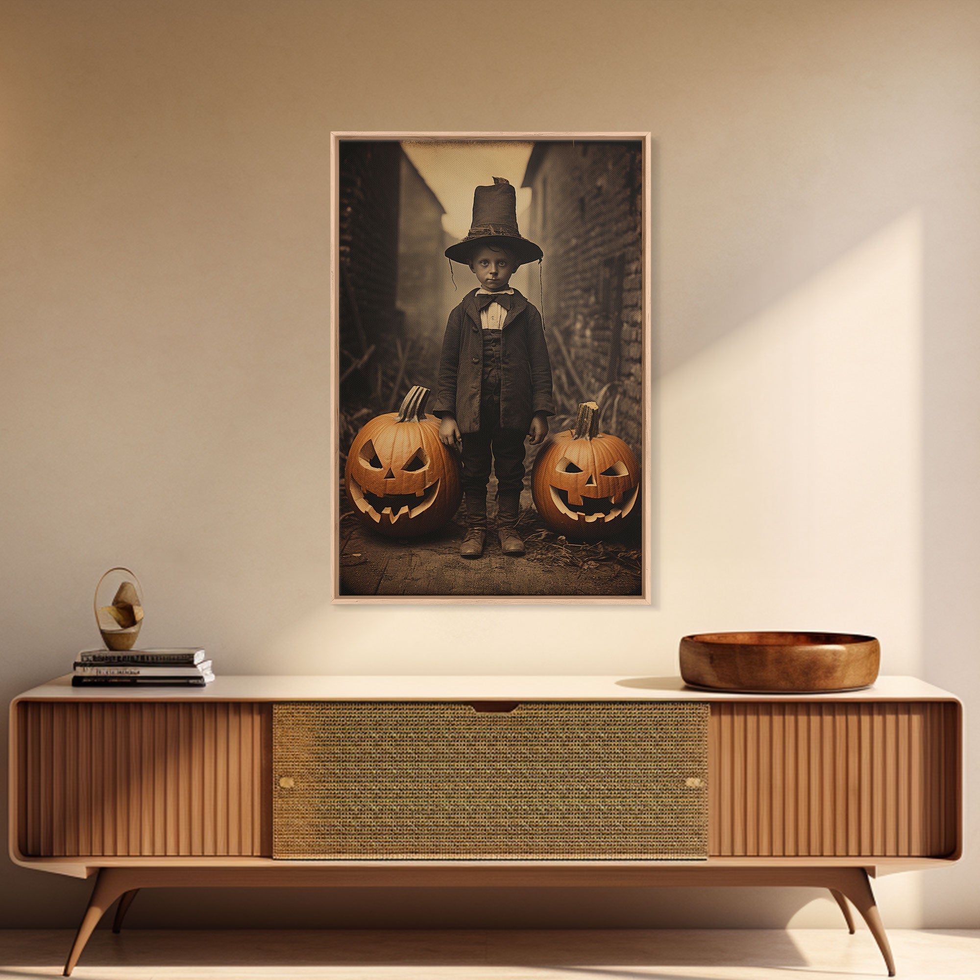 Spooky Victorian Tintype Photography, Framed Canvas Print, Halloween Art, Halloween Canvas, Pilgrim Boy and His Jack O' Lanterns