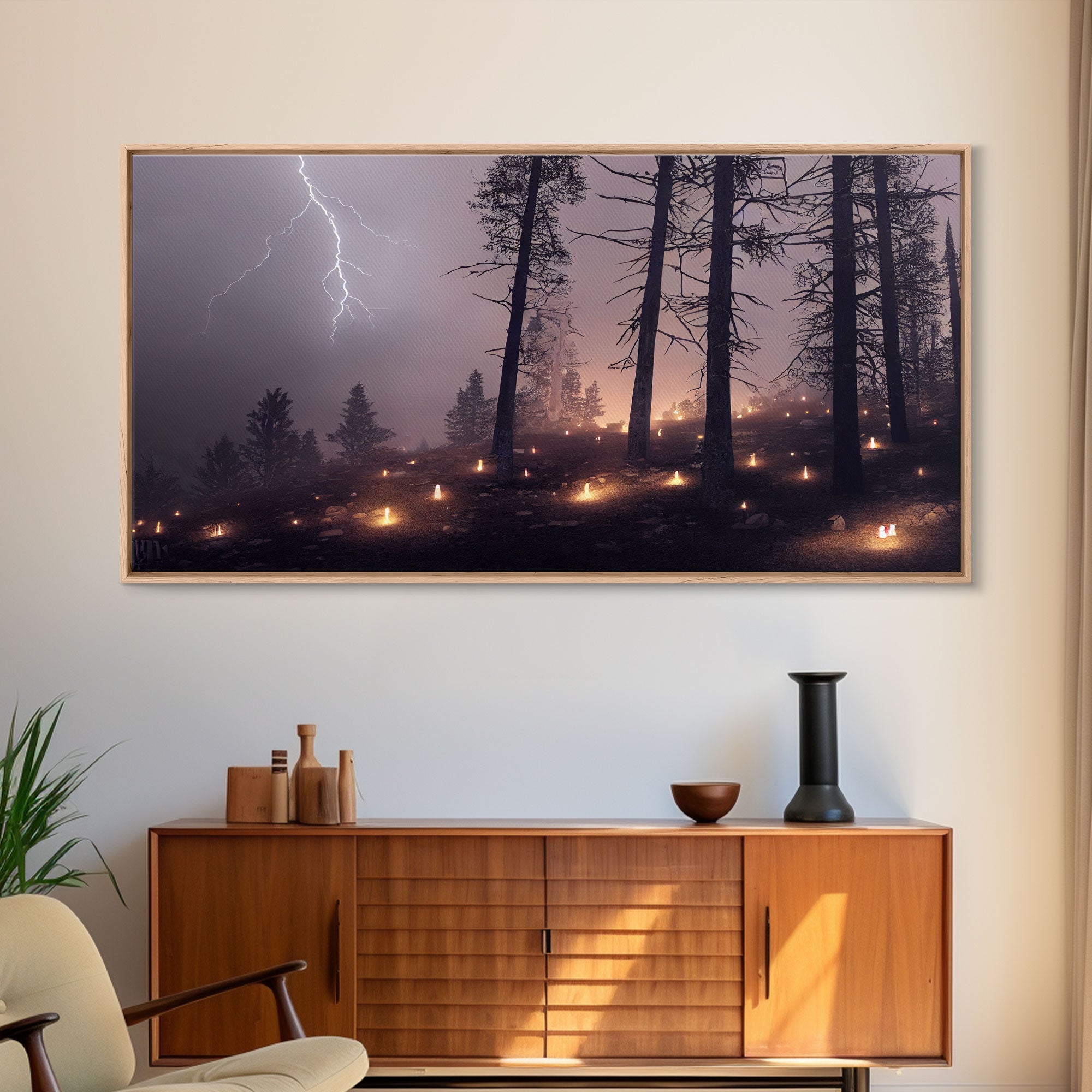 Haunted Gloomy Graveyard At Night, Thunder Storm, Halloween Cemetery Art, ready to hang canvas print wall art, Lightning Art