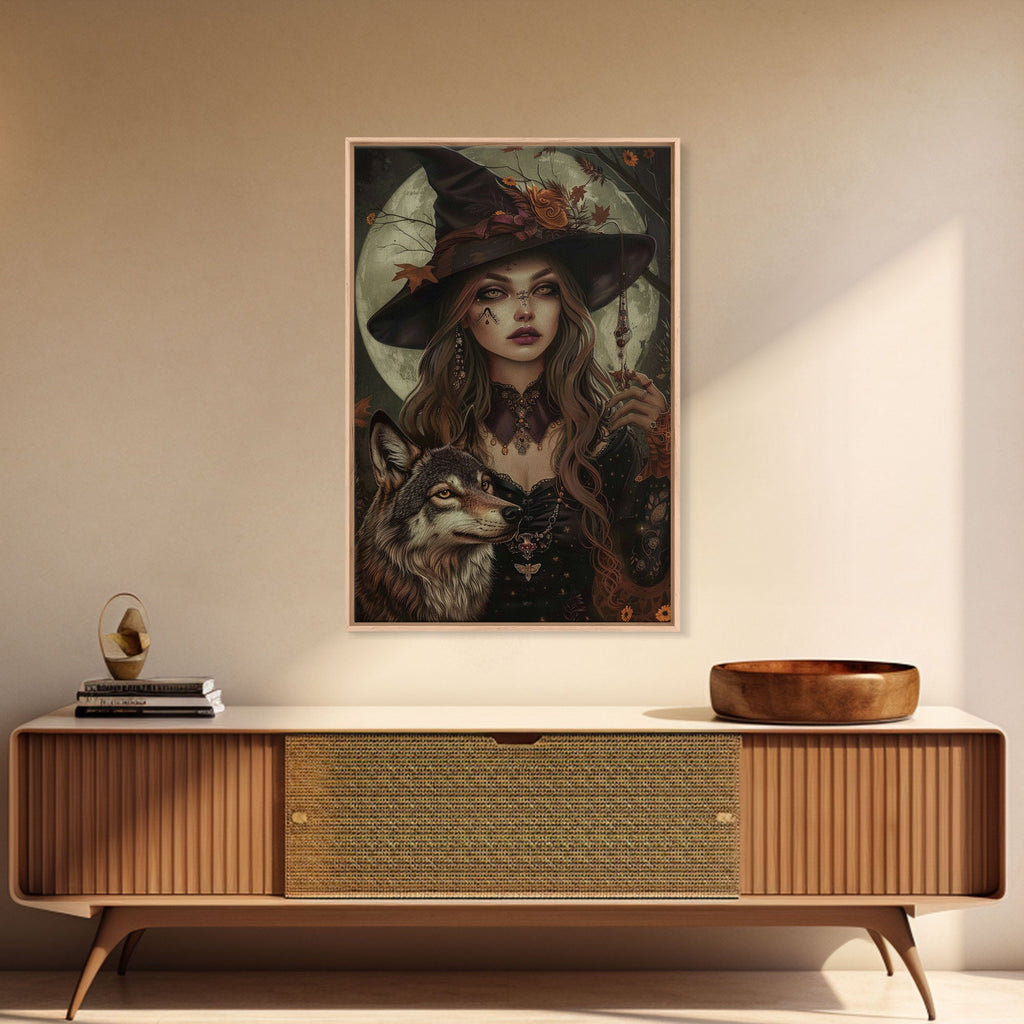 The Witch And The Wolf, Spooky Halloween Wall Art Framed Canvas Print, Spooky Season, Witch Painting, Halloween Decor and Art, Seasonal