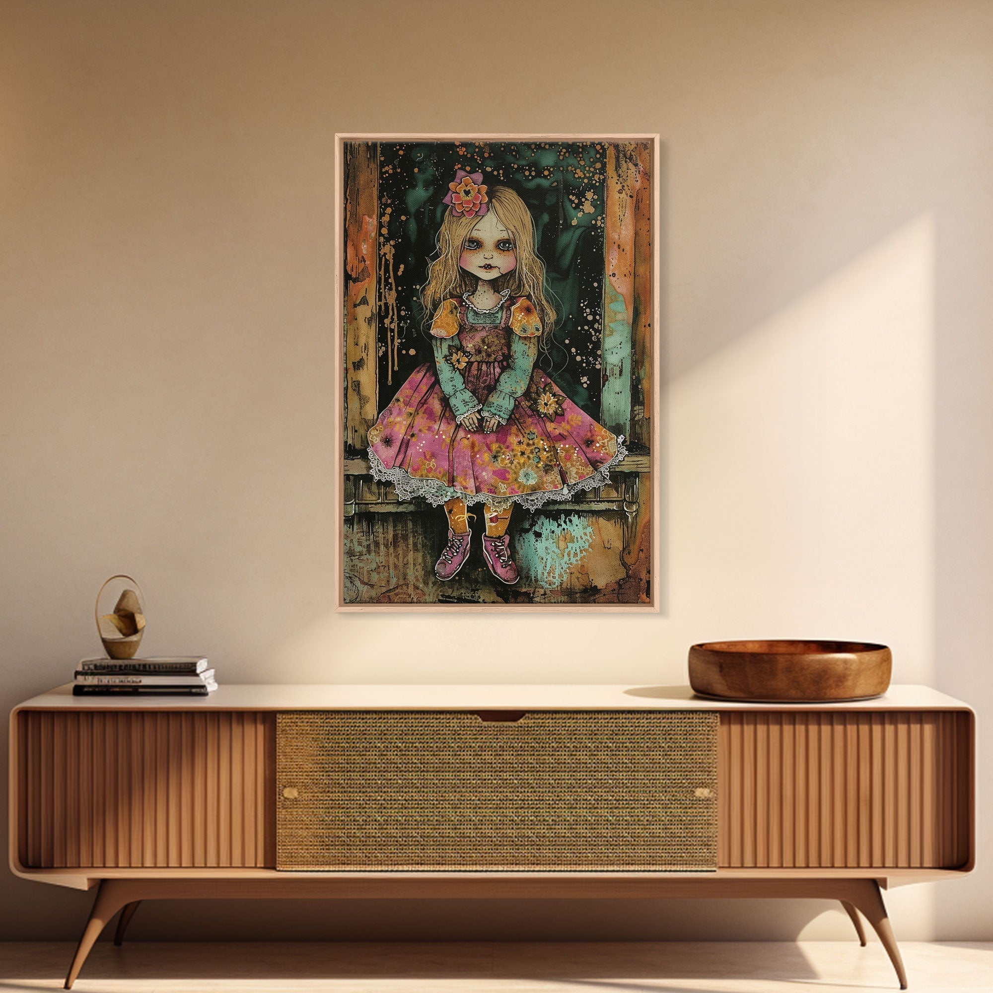 Halloween Witch in Forest Framed Canvas Print, Spooky Decor, Living Room Art, Whimsical Halloween Wall Art, Home Decoration, Retro Style Art