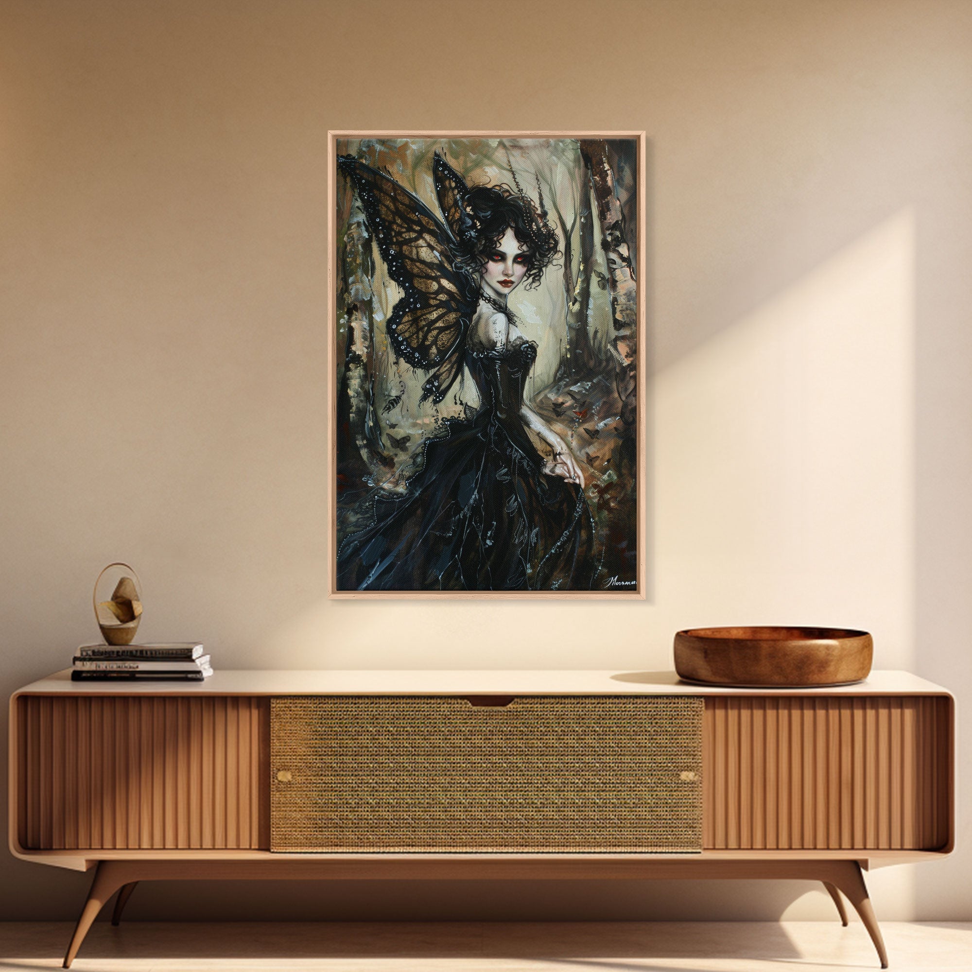 Dark Gothic Fairy with Butterfly Wings| Halloween Wall Art | Spooky Home Decor | Creepy Gothic Fairy Painting | Framed Canvas Print