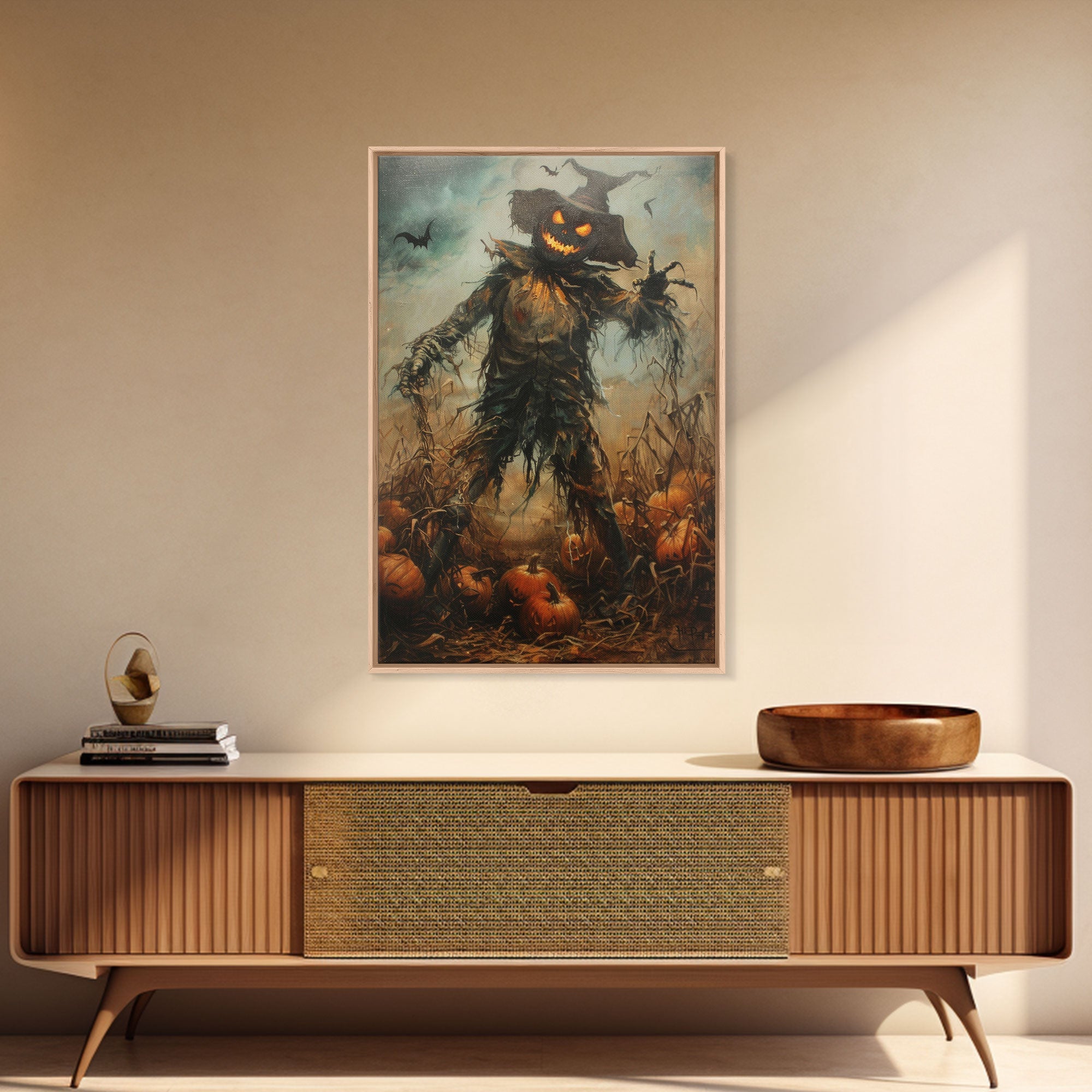 Sinister Scarecrow in Pumpkin Patch | Halloween Wall Art | Spooky Home Decor | Creepy Pumpkin Scarecrow Painting | Framed Canvas Print