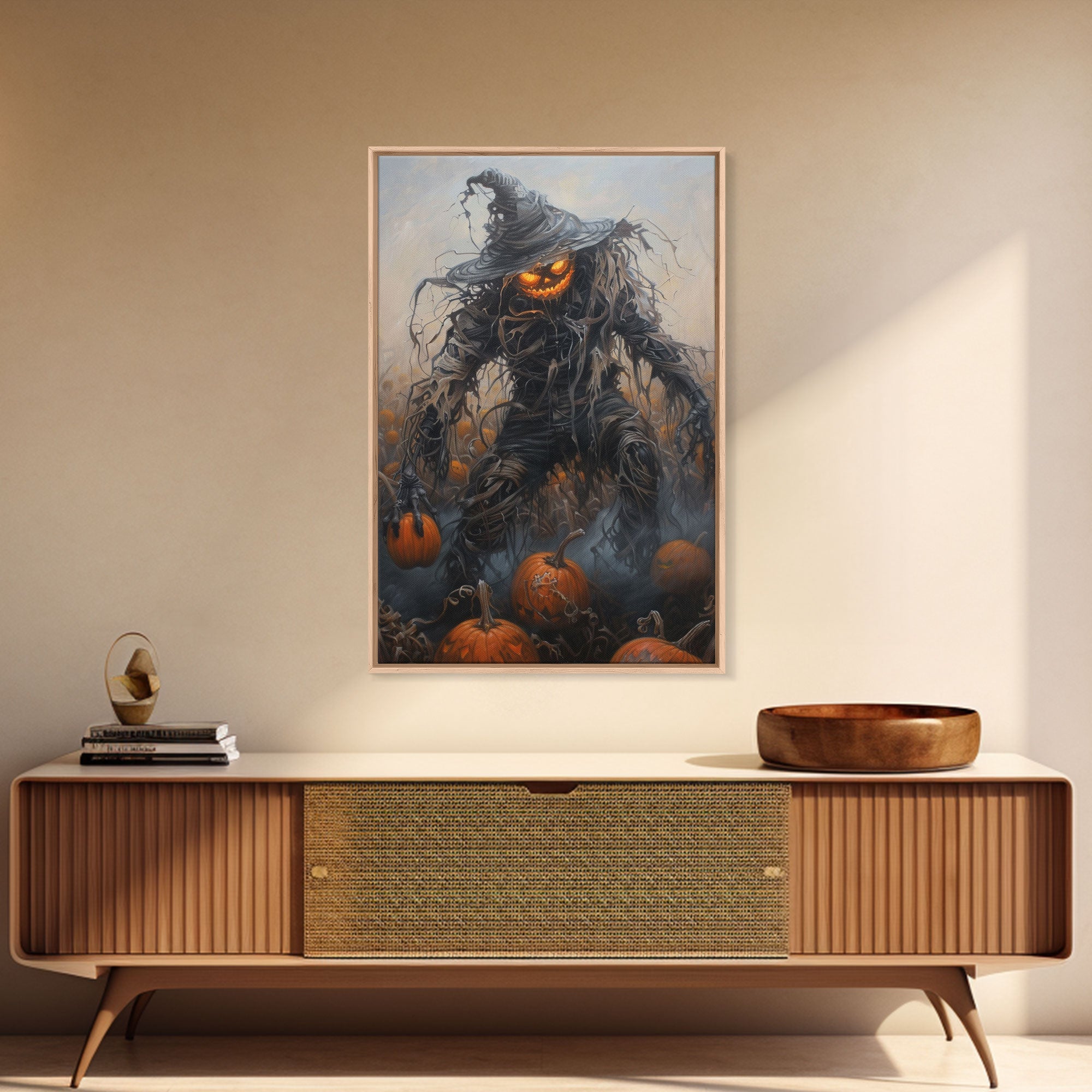 Haunting Scarecrow Holding Pumpkin in Misty Field | Halloween Wall Art | Spooky Home Decor | Creepy Scarecrow Painting | Framed Canvas Print