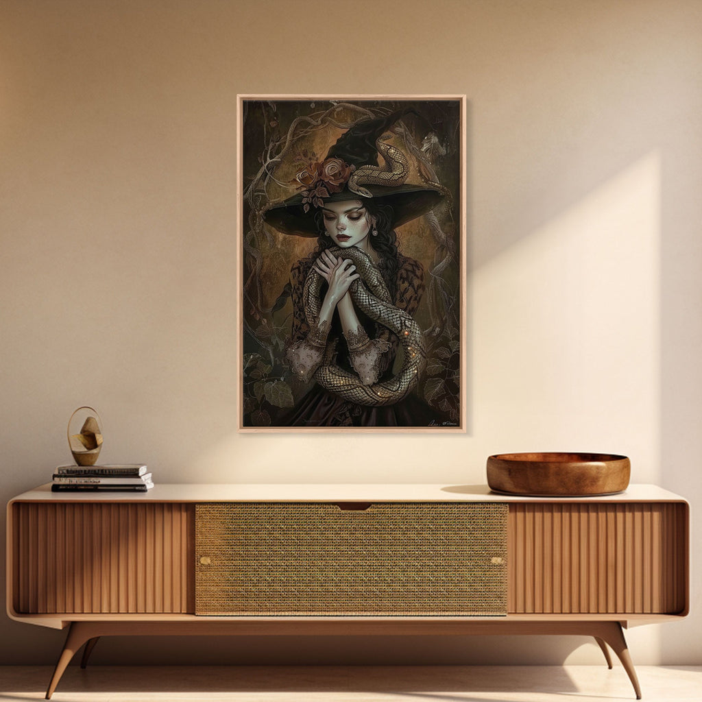 Mysterious Witch Holding Snake, Framed Canvas Print, Gothic Witch Art, Dark Fantasy Decor, Witch and Serpent, Halloween Accessories