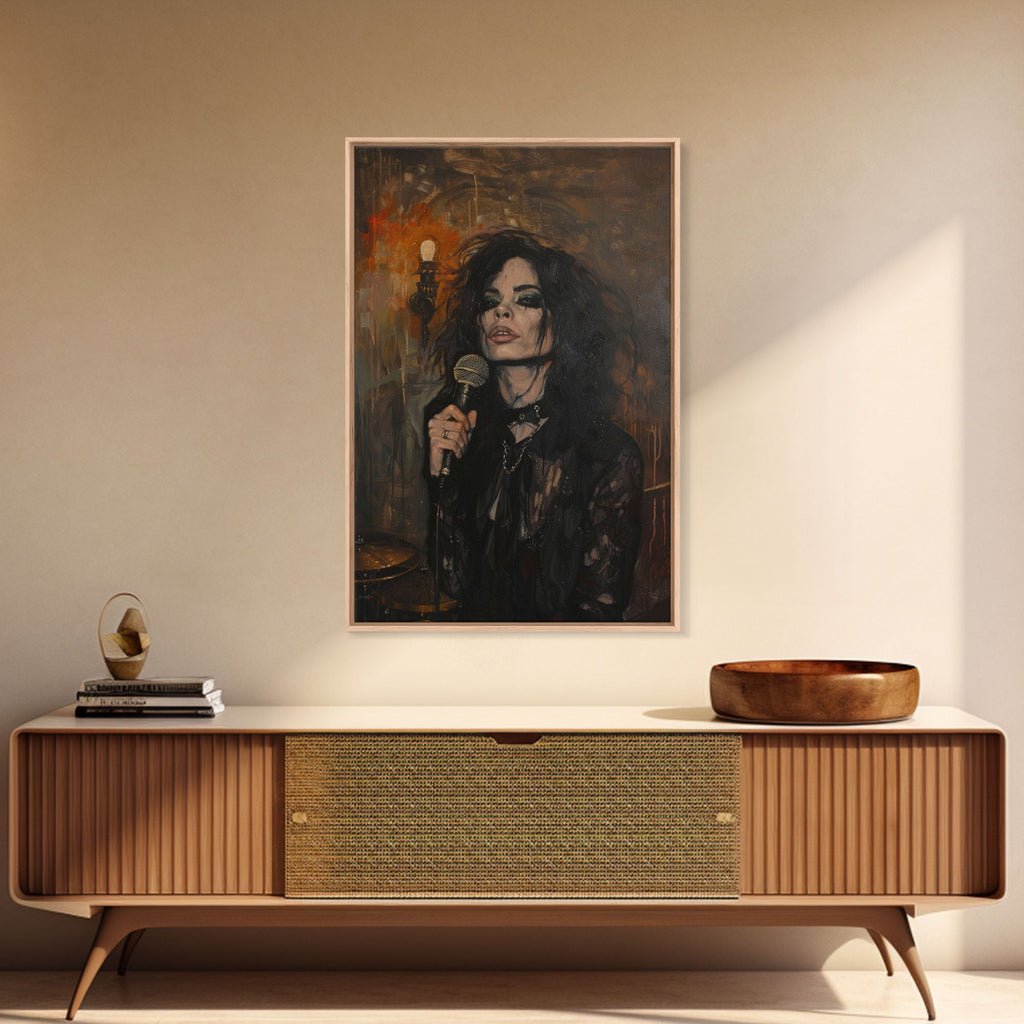 Gothic Singer with Dark Makeup - Halloween Art, Gothic Art, Spooky Decor Haunted Concert Dark Music Art, Eerie Portrait, Framed Canvas Print