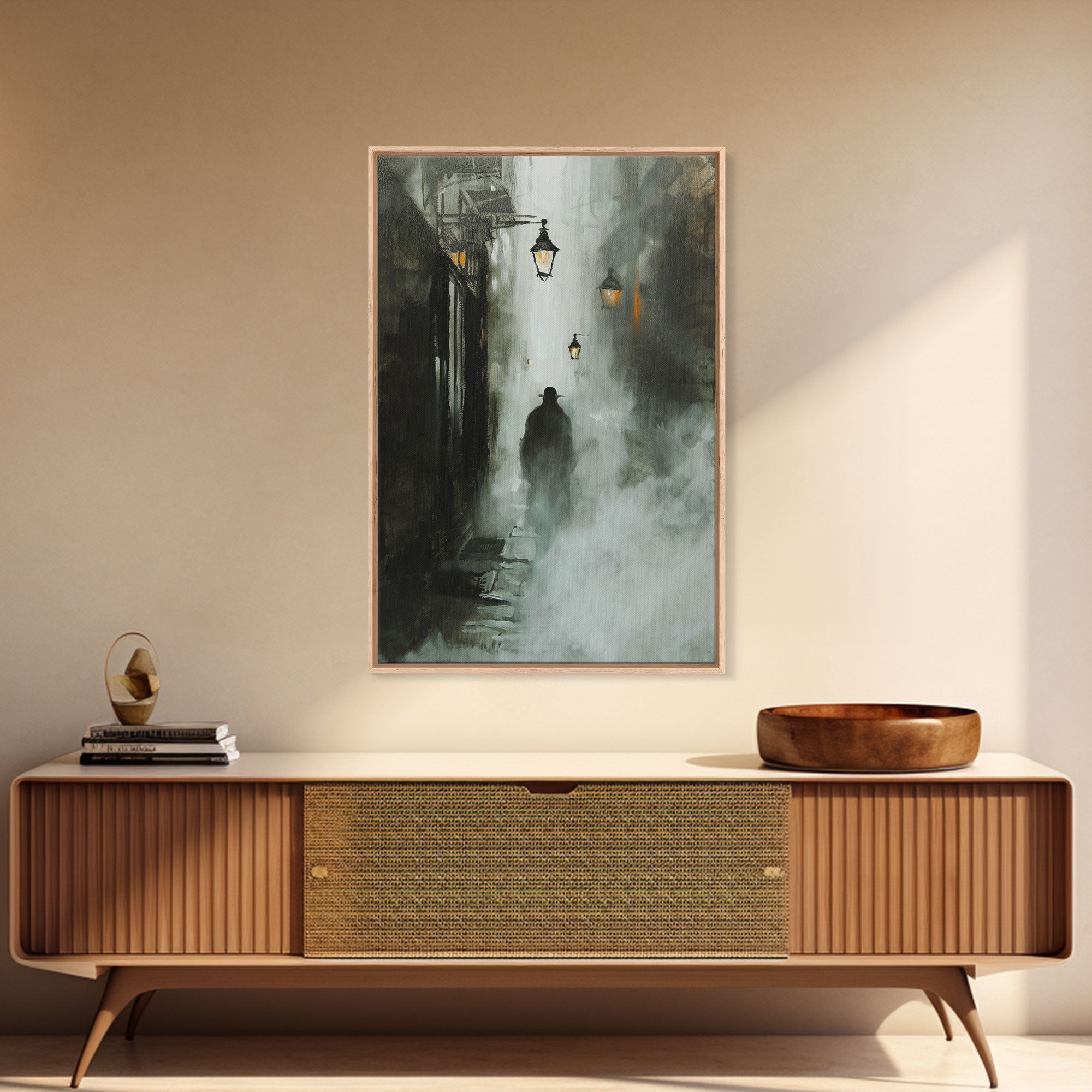 Mysterious Shadow in Fog, Halloween Art Print, Spooky Home Decor, Framed Canvas Print, Creepy Art, Halloween Wall Decor, Seasonal Wall Art
